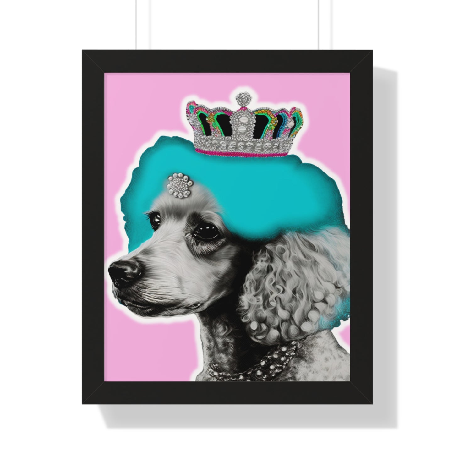 Framed Crowned Pop Art Poodle Print on Pink - Choose Walnut, White, or Black Frame