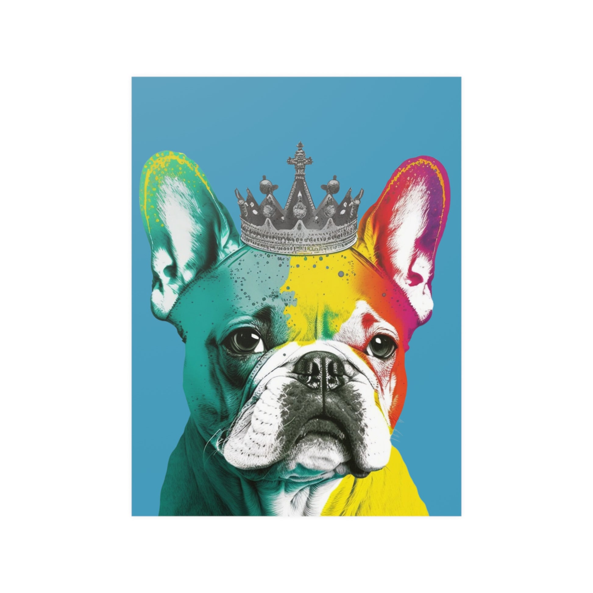 A French Bulldog sporting a regal crown against a striking royal blue background, captured in a vibrant PopArt style that exudes contemporary chic.