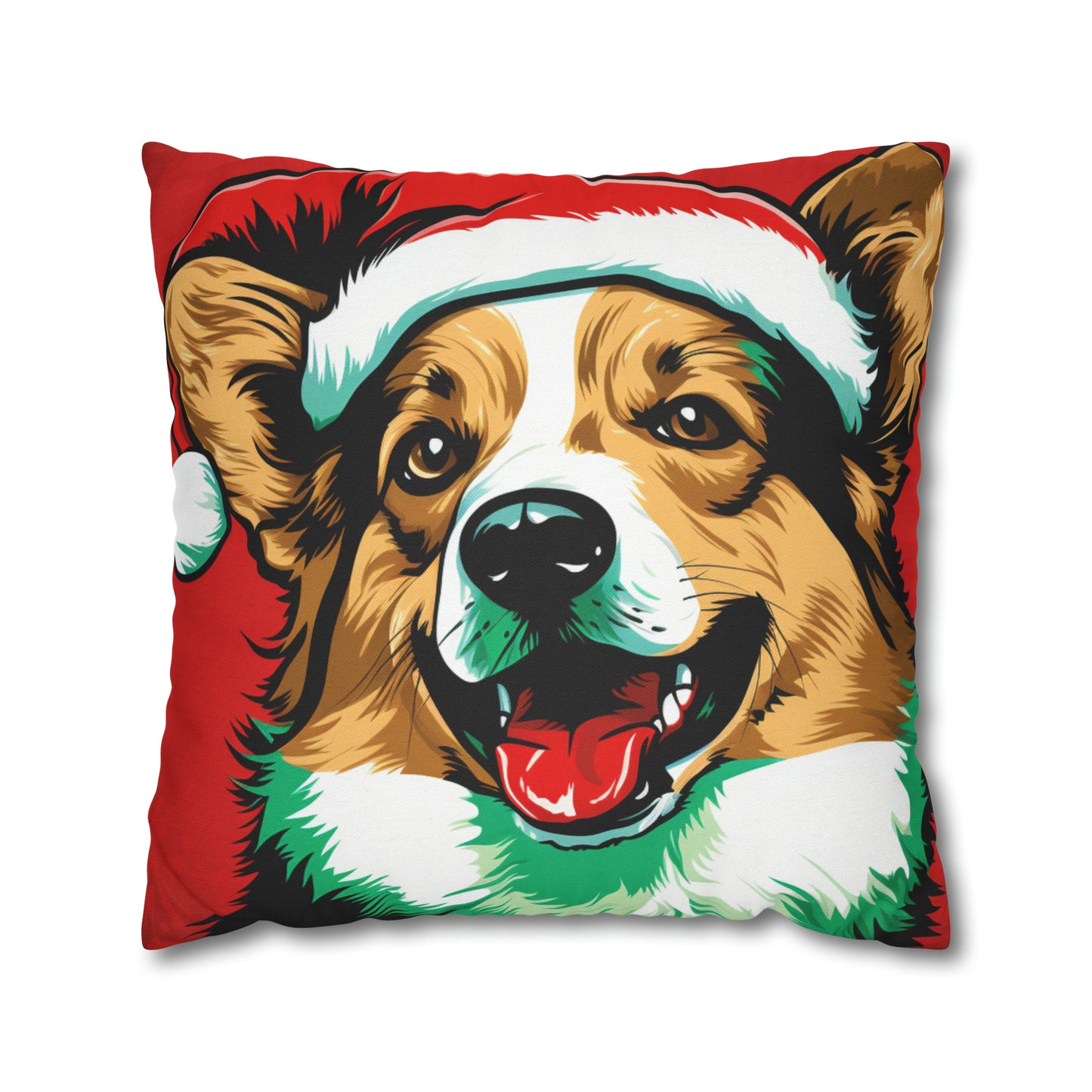 A vibrant Pop Art Christmas Corgi cushion cover, perfect for adding a festive and playful touch to home decor with its colorful and whimsical design.