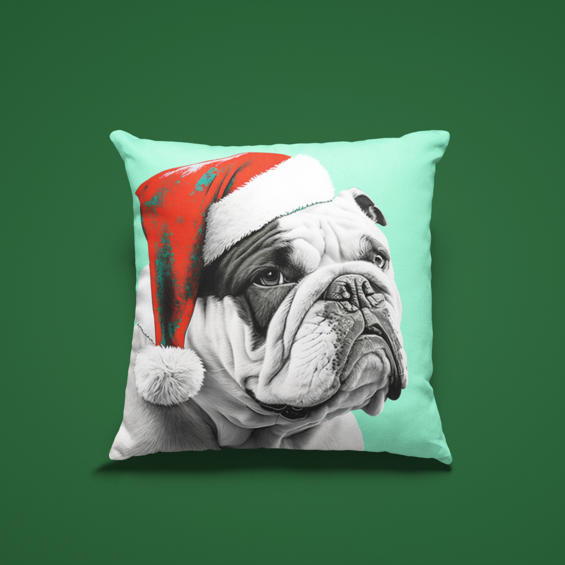 A colorful PopArt-style pillow cover featuring a Bulldog in a Santa hat, perfect for adding a fun and artsy touch to your festive decor.