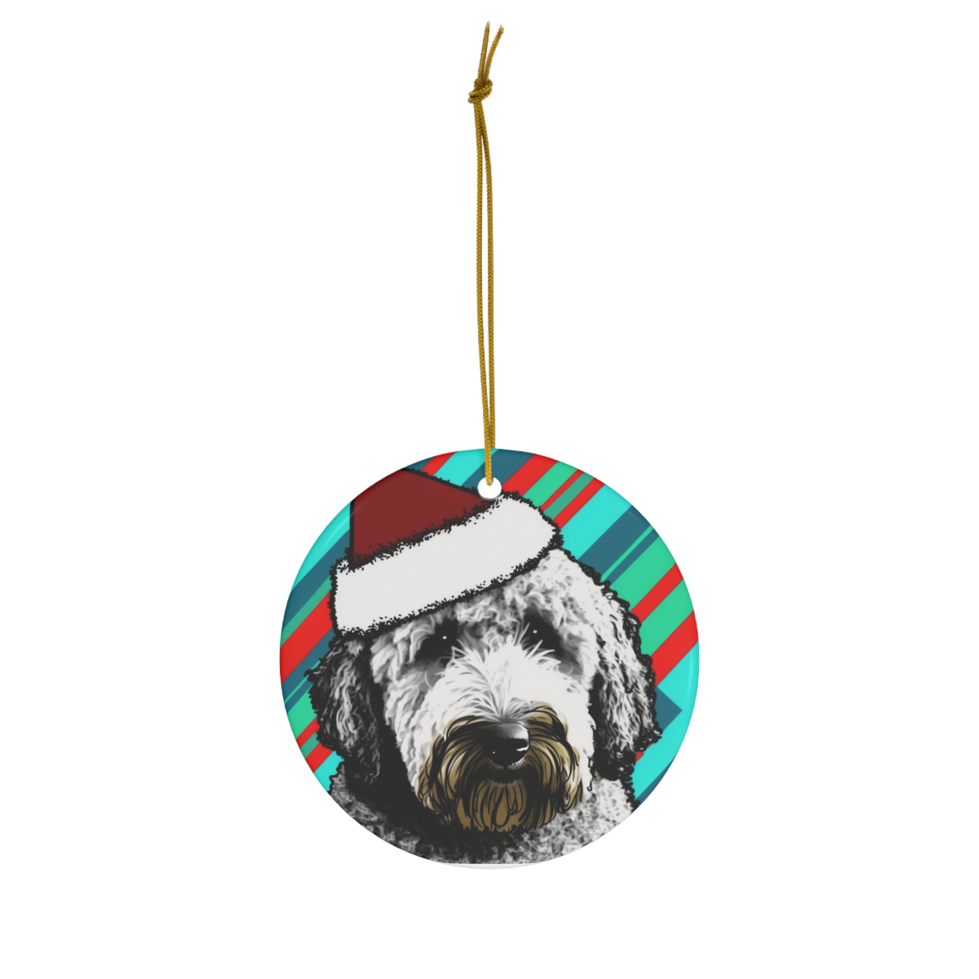 An ornament depicting a Labradoodle in candy stripes, available in both heart and circle.