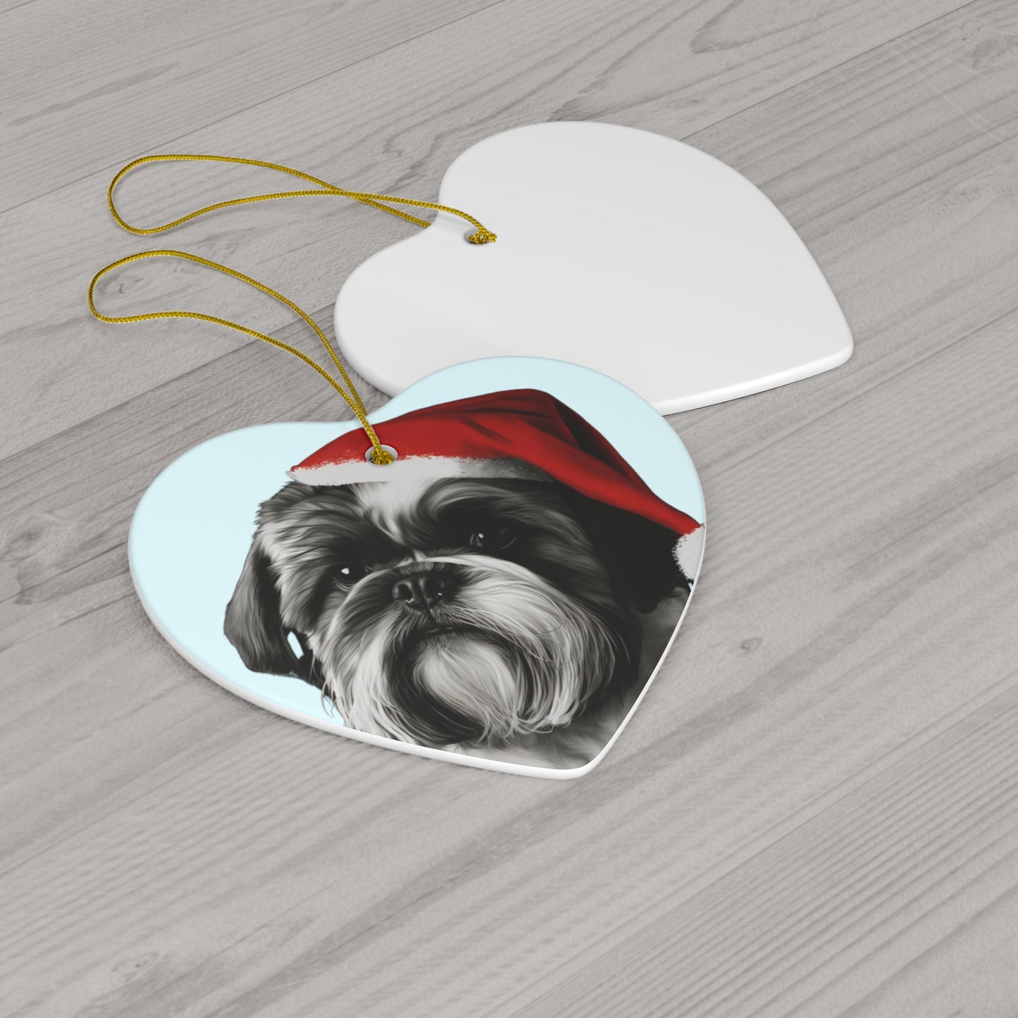 A delightful Shih Tzu on a blue Christmas tree ornament, available in both circle and heart shapes, perfect for adding a touch of holiday charm to your Christmas tree decoration.