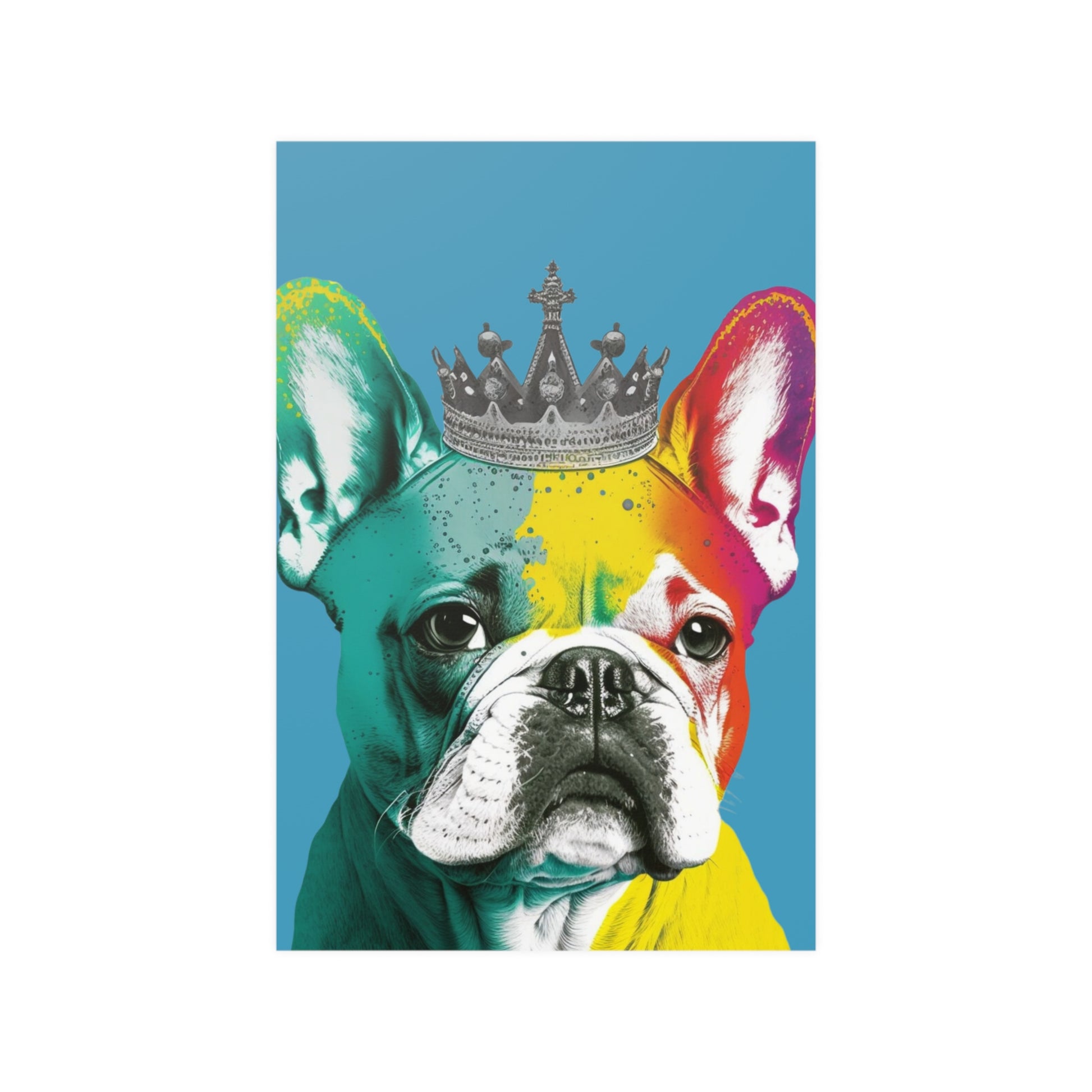 A French Bulldog sporting a regal crown against a striking royal blue background, captured in a vibrant PopArt style that exudes contemporary chic.