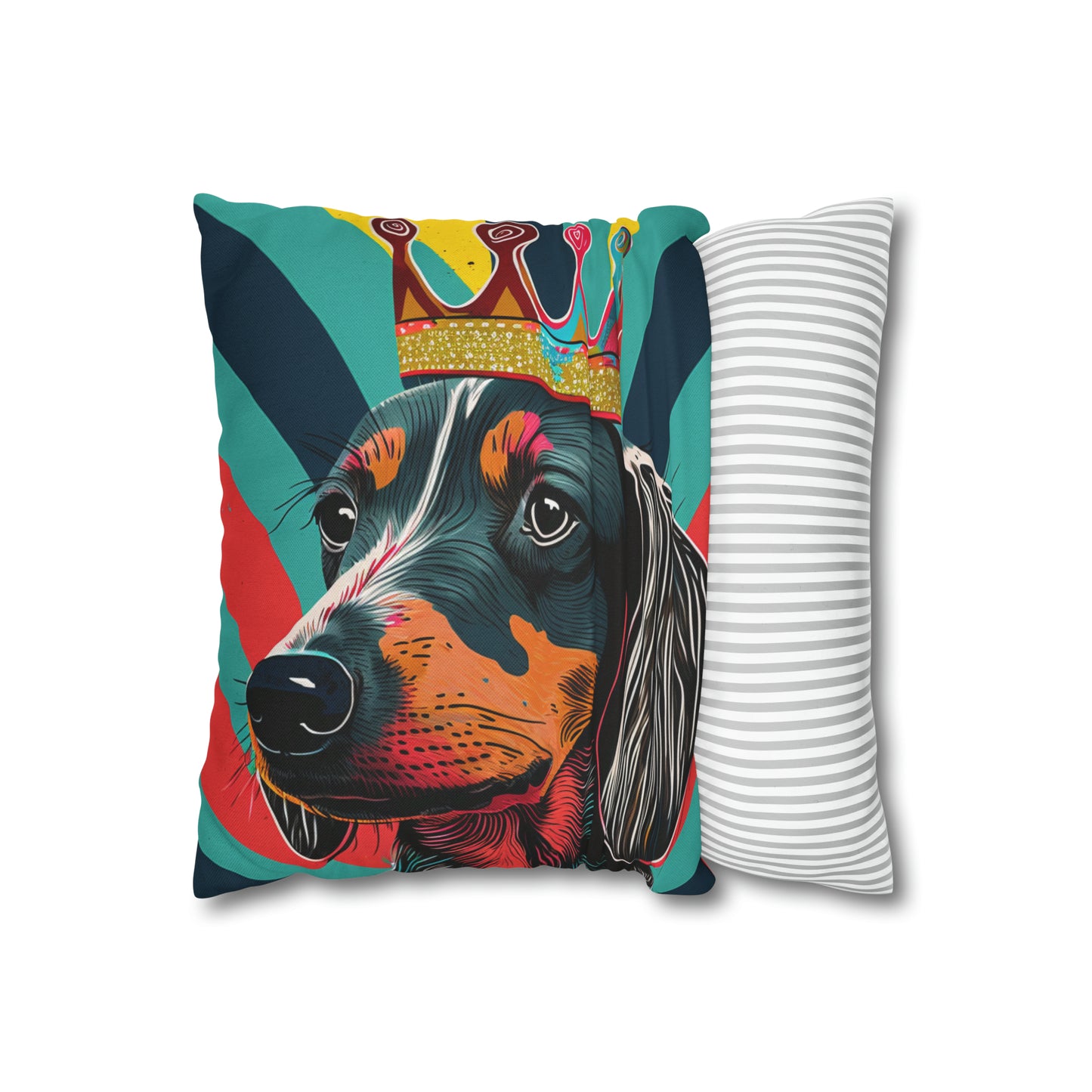 Pop Art Crowned Dachshund on Stripes - Vibrant Dog-Themed Decor