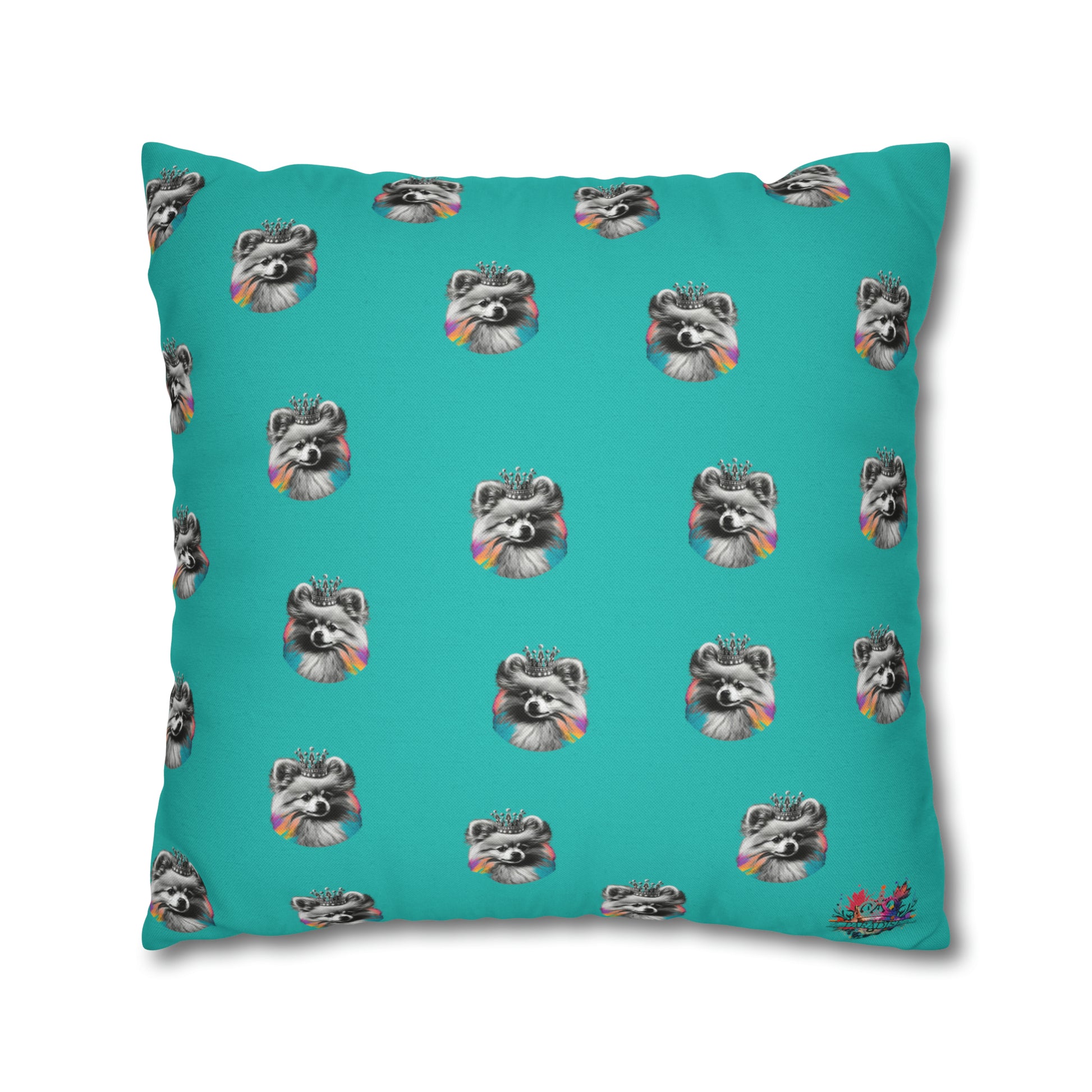 A Black and White Pomeranian with colorful accents on a blue cushion cover, adding a playful touch to your home decor.