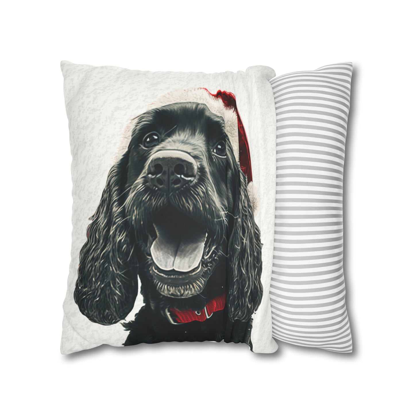 A luxurious faux suede Christmas cushion cover featuring a charming illustration of a cocker spaniel in festive holiday attire, set against a background of classic Christmas motifs like snowflakes and presents. The cushion cover displays vibrant colors, mainly red, green, and white, symbolizing traditional Christmas cheer