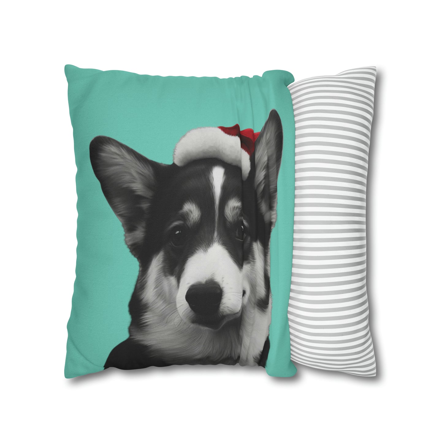 Black and White Corgi with Santa Hat on Green Cushion Cover