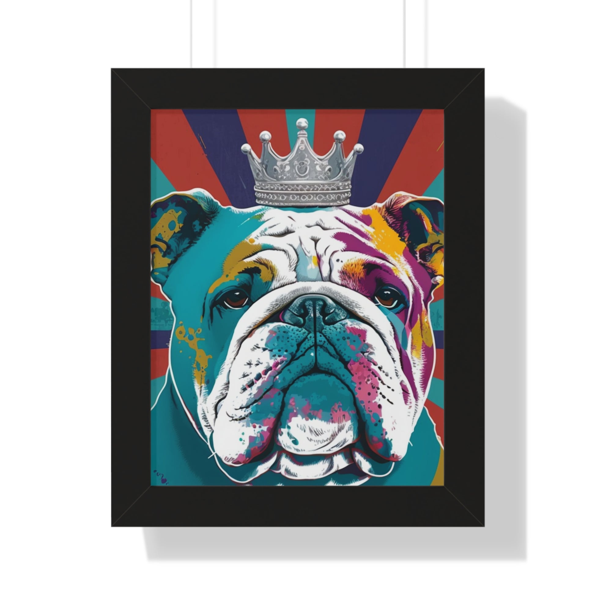 A vibrant framed canvas print featuring a PopArt British Bulldog, perfect for adding a bold and artistic touch to any interior space.