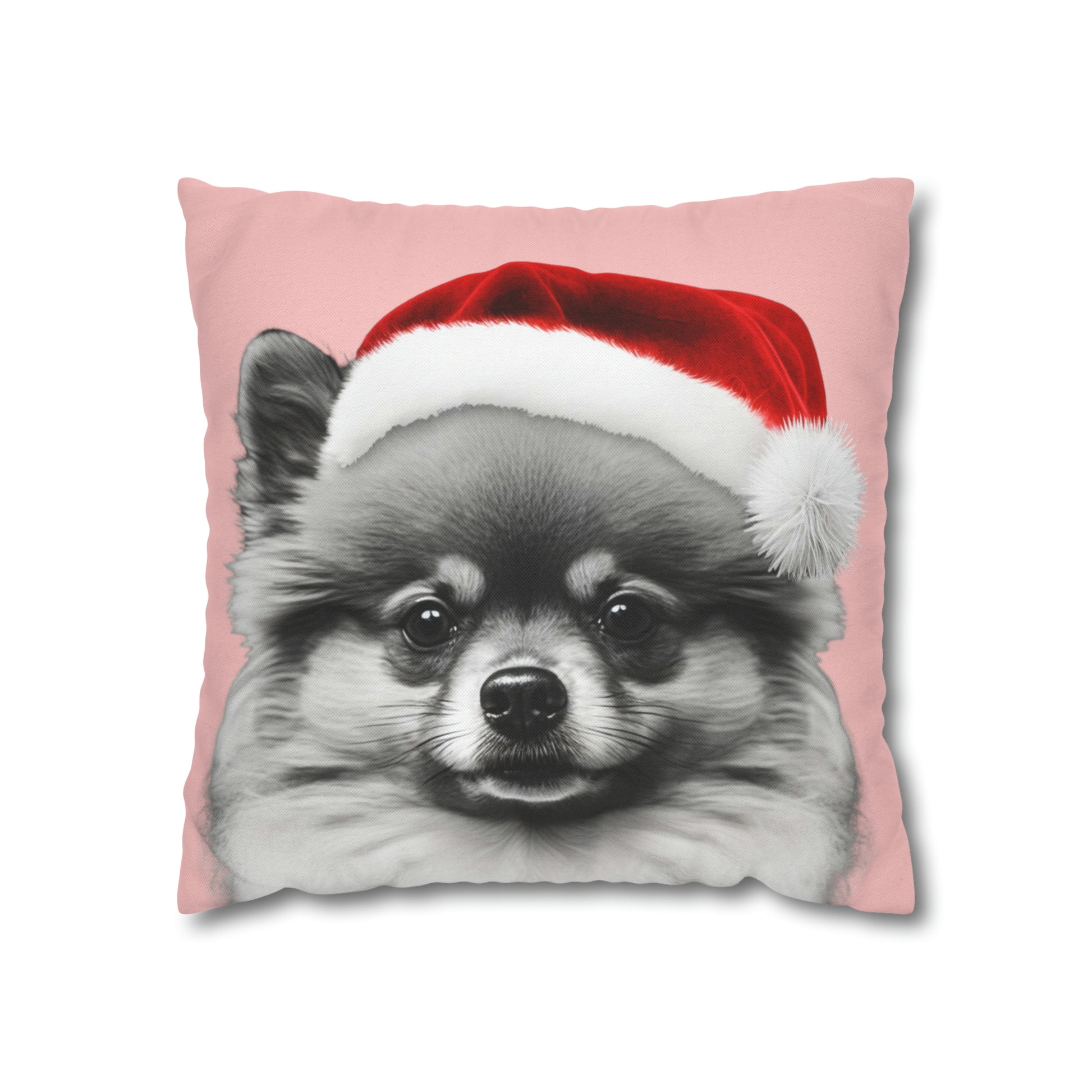 A cushion cover featuring a festive Pomeranian in holiday attire on a charming pink background, perfect for adding a cozy and cheerful touch to holiday decor