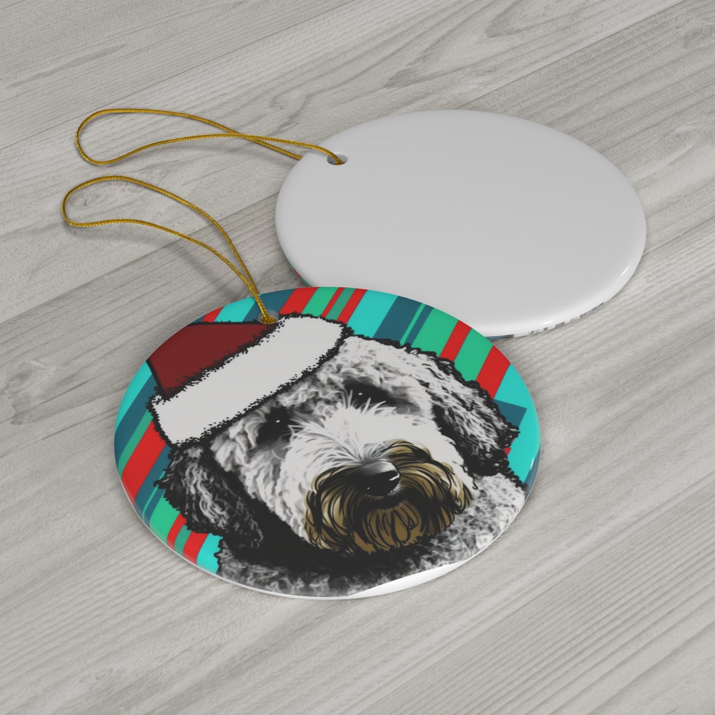 Candy Stripe Labradoodle Christmas Ornament - Circle or Heart 🎄🐕‍🦺❤️