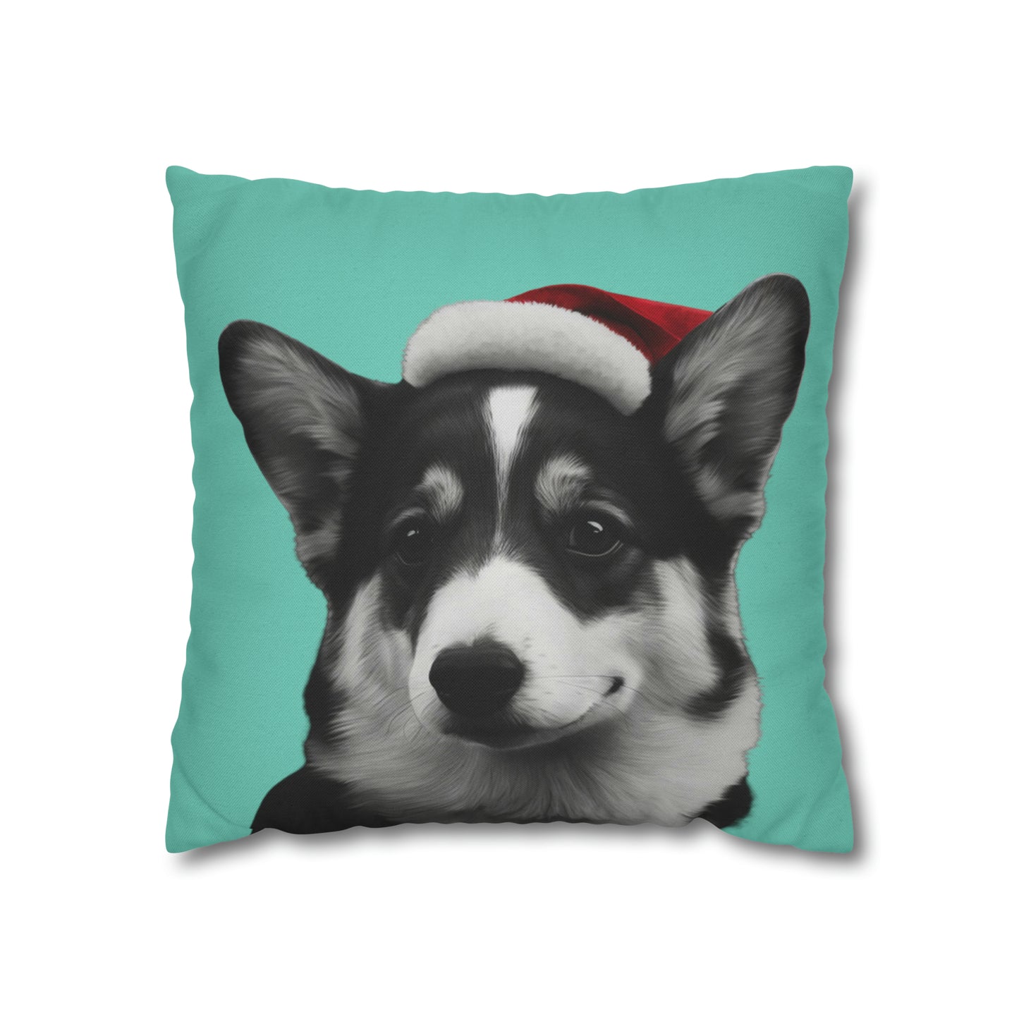 Black and White Corgi with Santa Hat on Green Cushion Cover