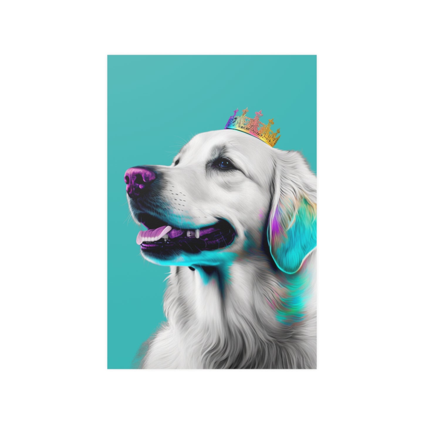 Pop art style poster featuring a Regal Golden Retriever portrayed in royal blue tones, symbolizing nobility, with a pop art aesthetic for a modern and majestic depiction."