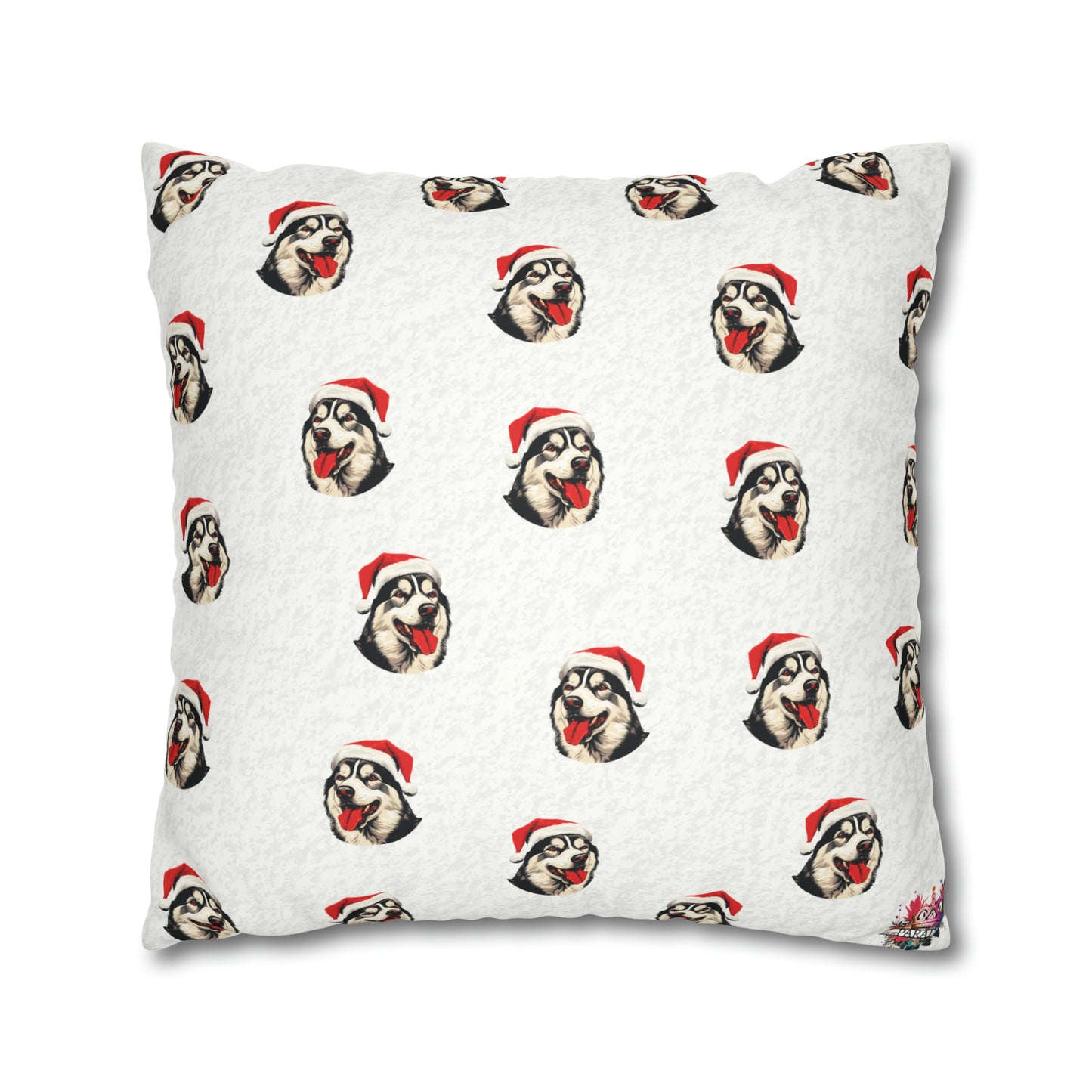 A luxurious white faux suede Christmas cushion cover, featuring a beautifully detailed illustration of a majestic husky in a winter wonderland setting. The husky is depicted with a captivating gaze amidst a snowy landscape, with subtle festive decorations adding to the holiday charm. The cover exudes elegance and is perfect for enhancing holiday home decor.