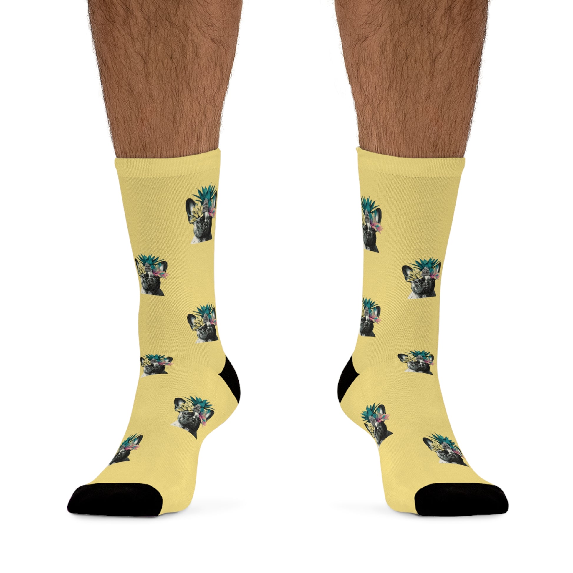 A pair of sunny yellow novelty socks featuring an adorable French Bulldog 