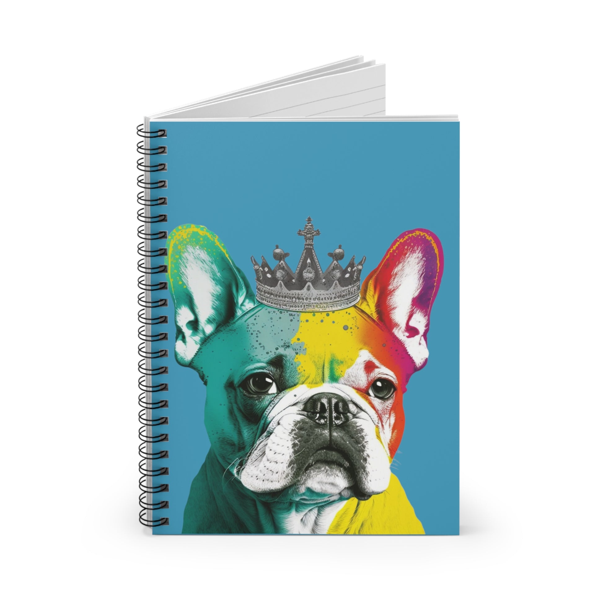 A notebook featuring a French Bulldog in vivid PopArt style against a royal blue background, perfect for adding a touch of artistic and canine charm to your notes.