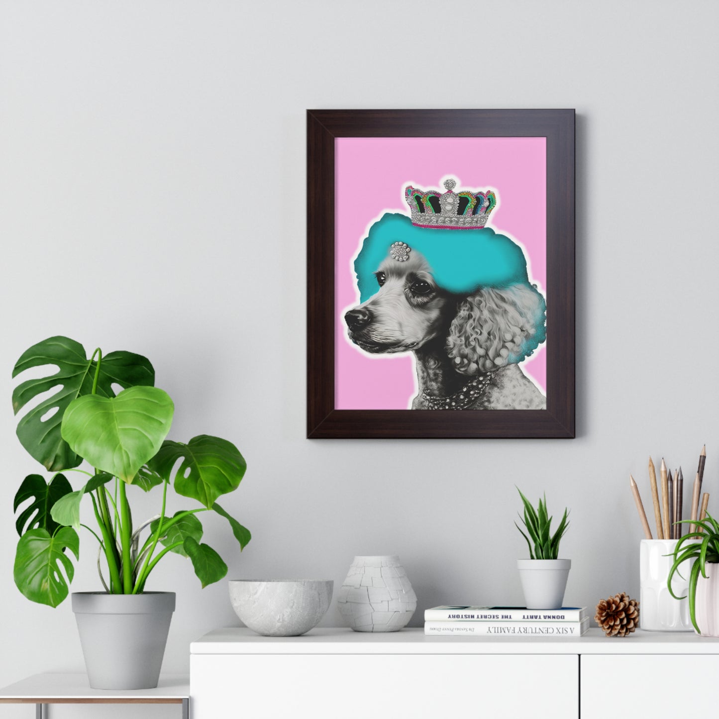 Framed Crowned Pop Art Poodle Print on Pink - Choose Walnut, White, or Black Frame