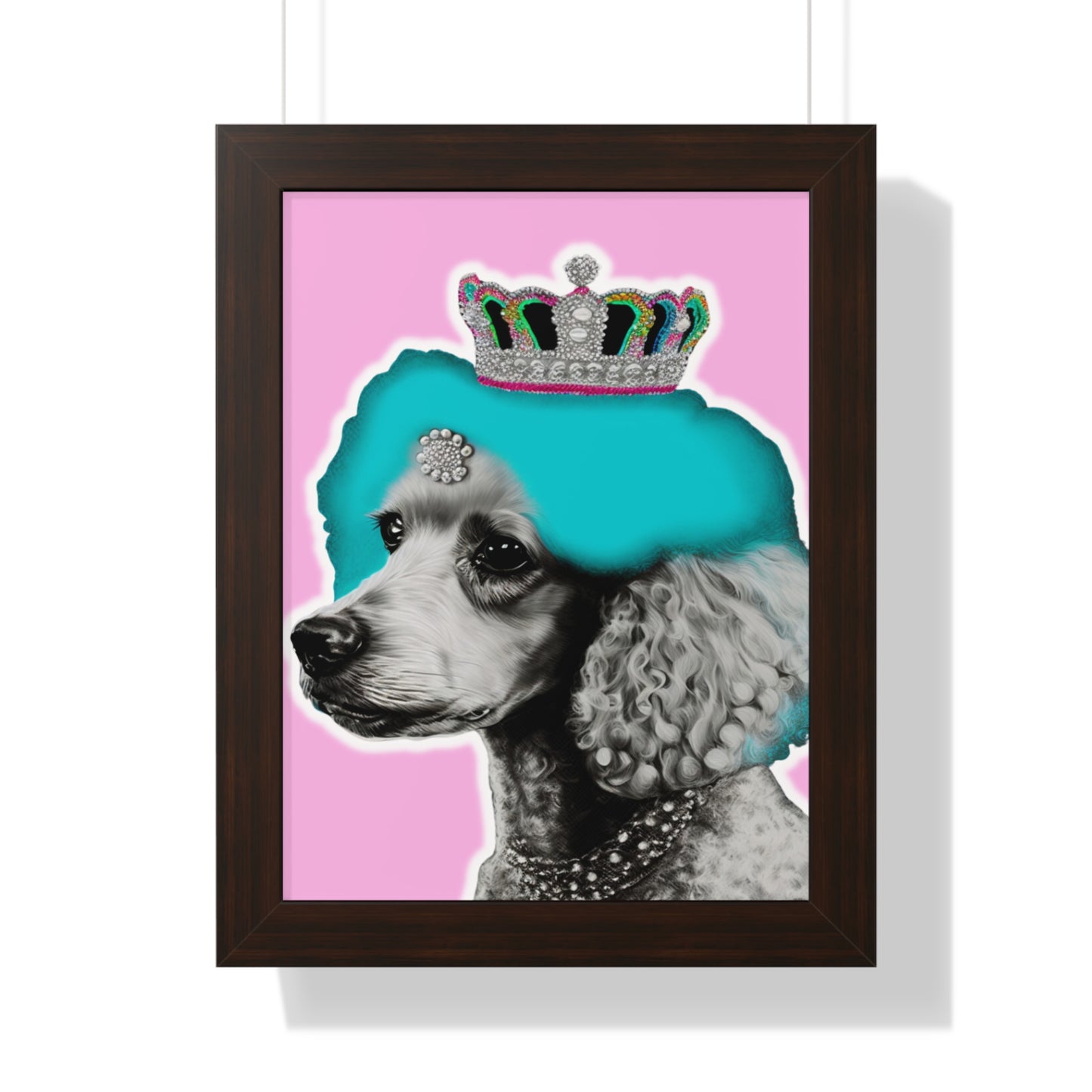 Framed Crowned Pop Art Poodle Print on Pink - Choose Walnut, White, or Black Frame