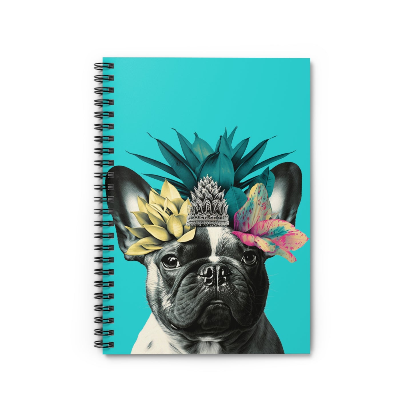 A turquoise notebook featuring an adorable French Bulldog amidst tropical vibes on the cover.