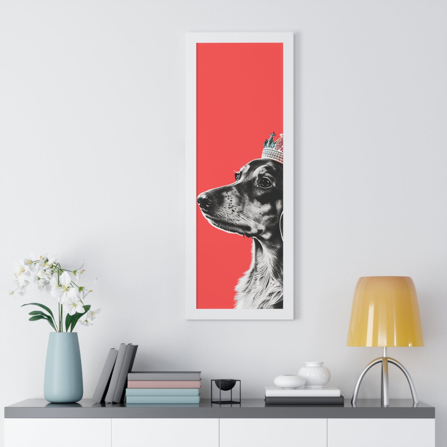 Dachshund on Coral Framed Art Print - Choice of White, Black, or Walnut Frame