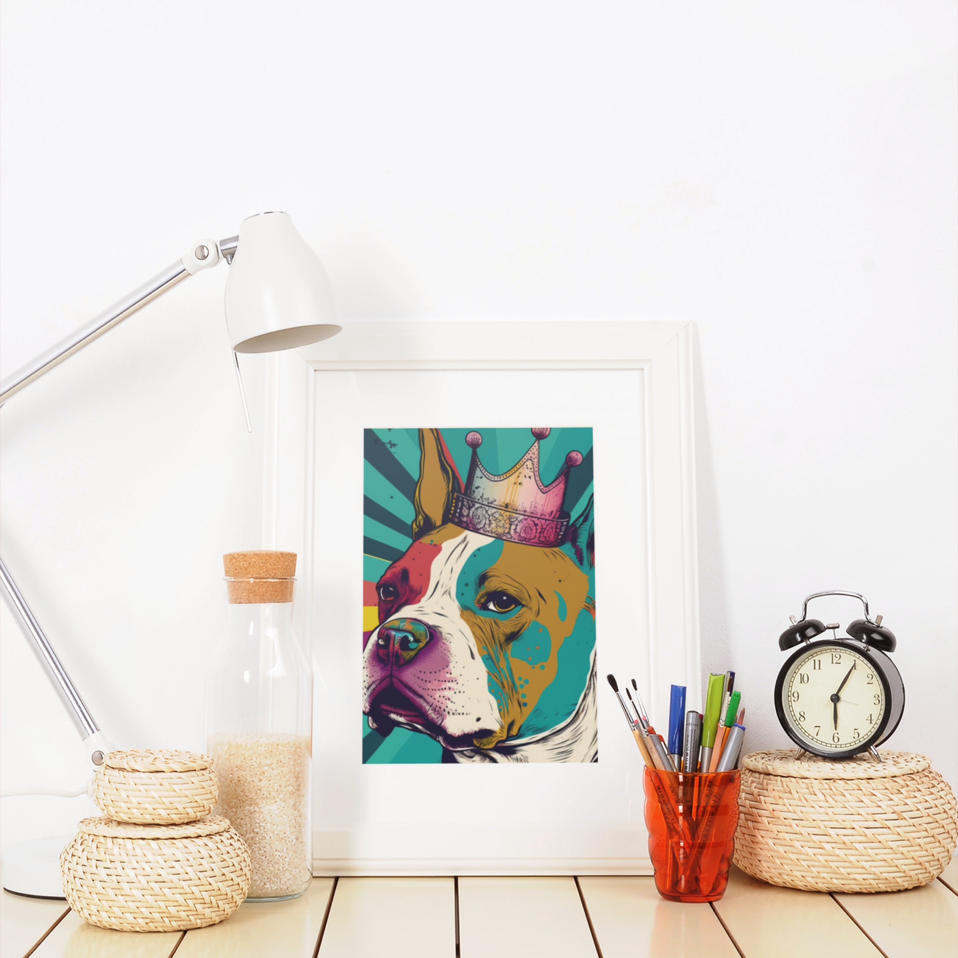 A colorful and vibrant PopArt poster featuring a Bully breed dog, perfect for adding artistic flair to your home decor.