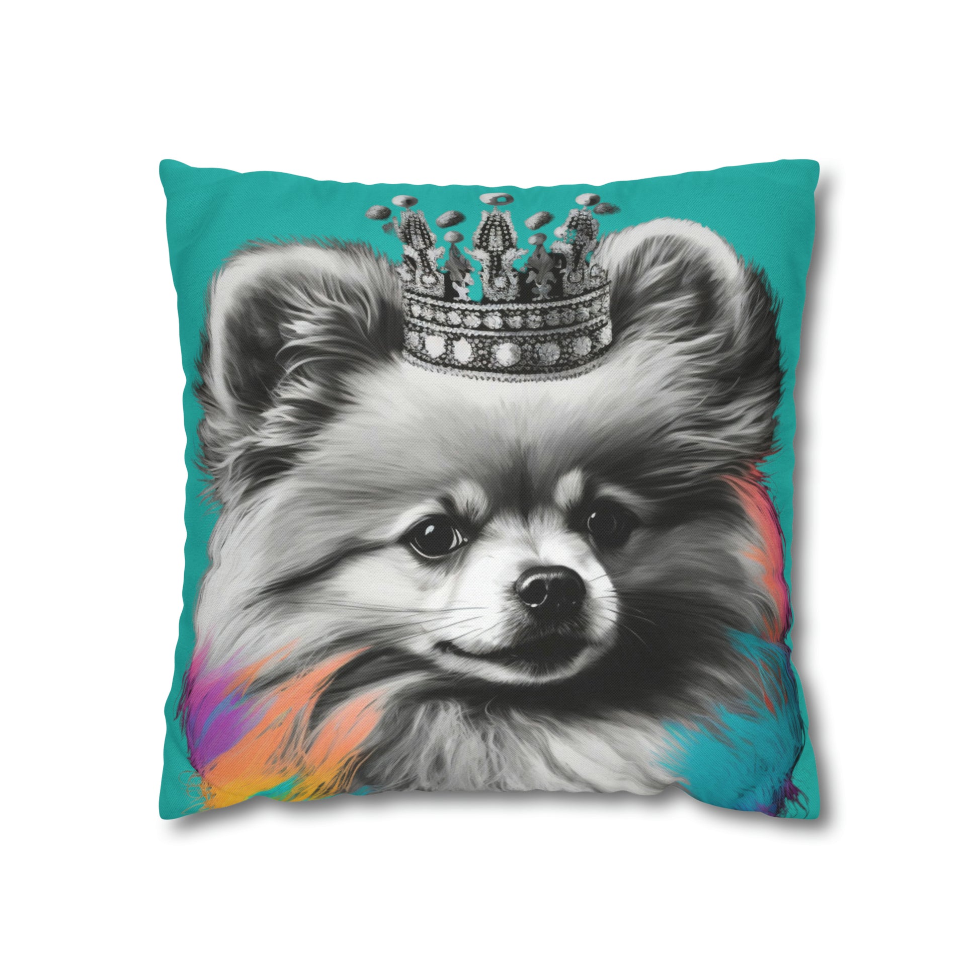 A Black and White Pomeranian with colorful accents on a blue cushion cover, adding a playful touch to your home decor.