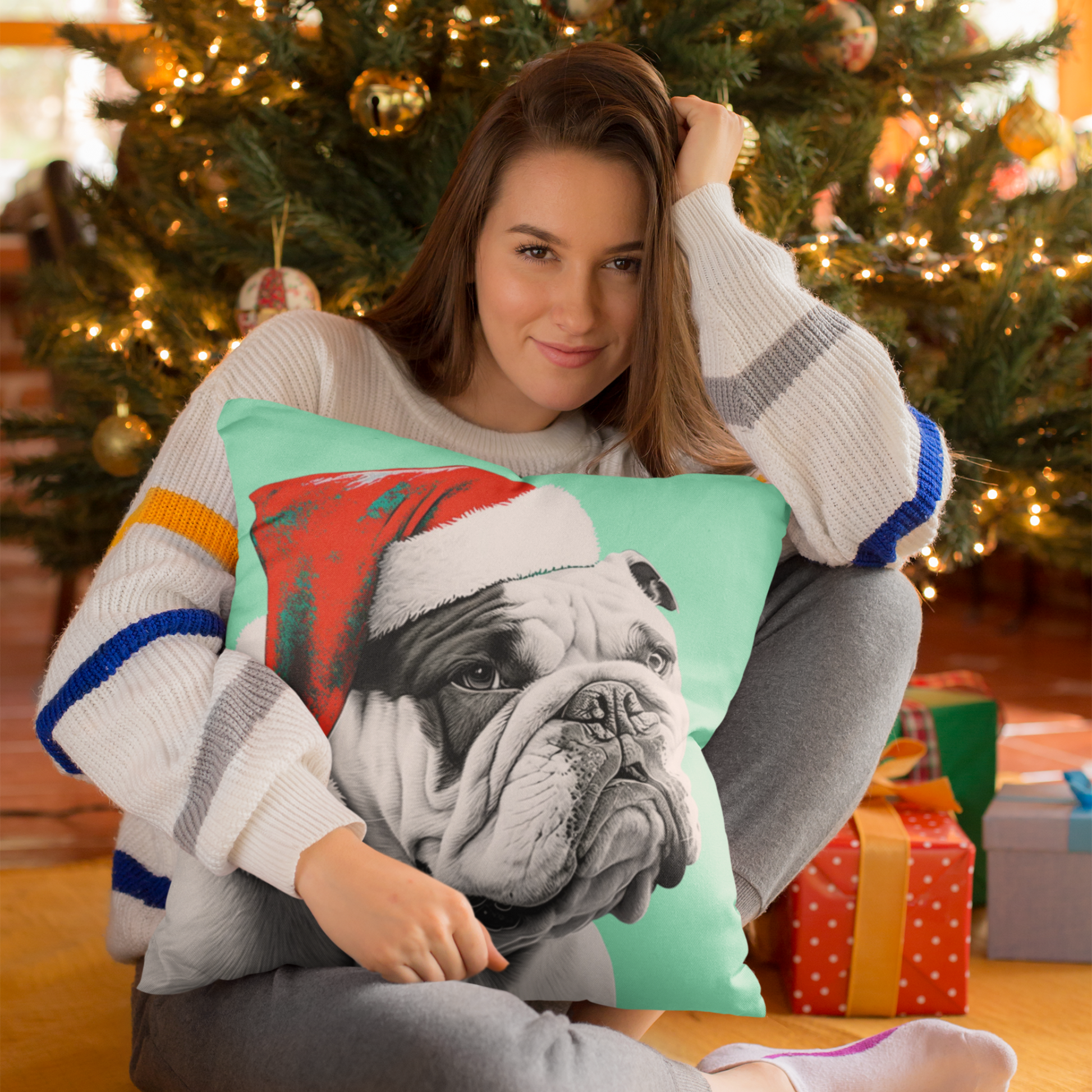 A colorful PopArt-style pillow cover featuring a Bulldog in a Santa hat, perfect for adding a fun and artsy touch to your festive decor.