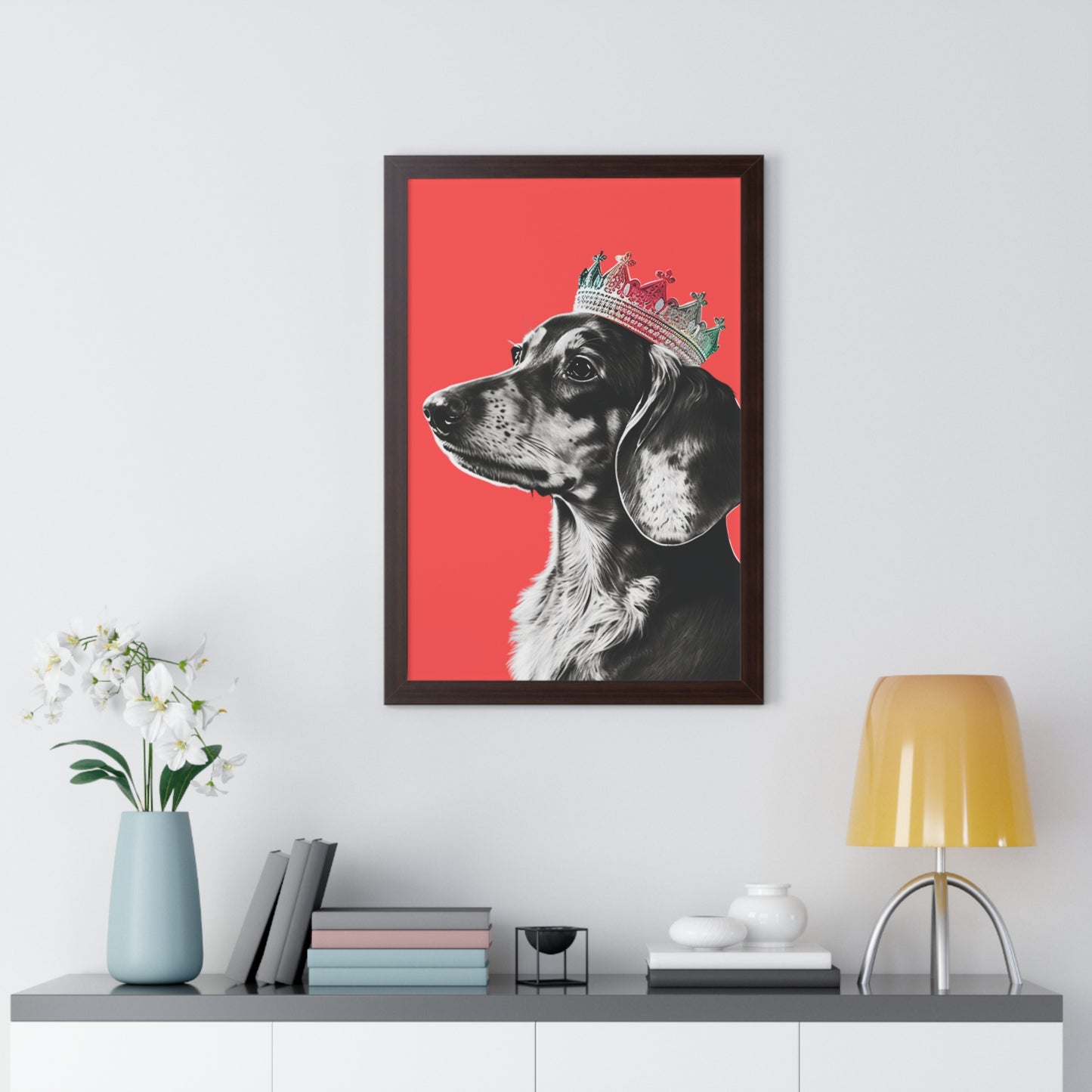 Dachshund on Coral Framed Art Print - Choice of White, Black, or Walnut Frame