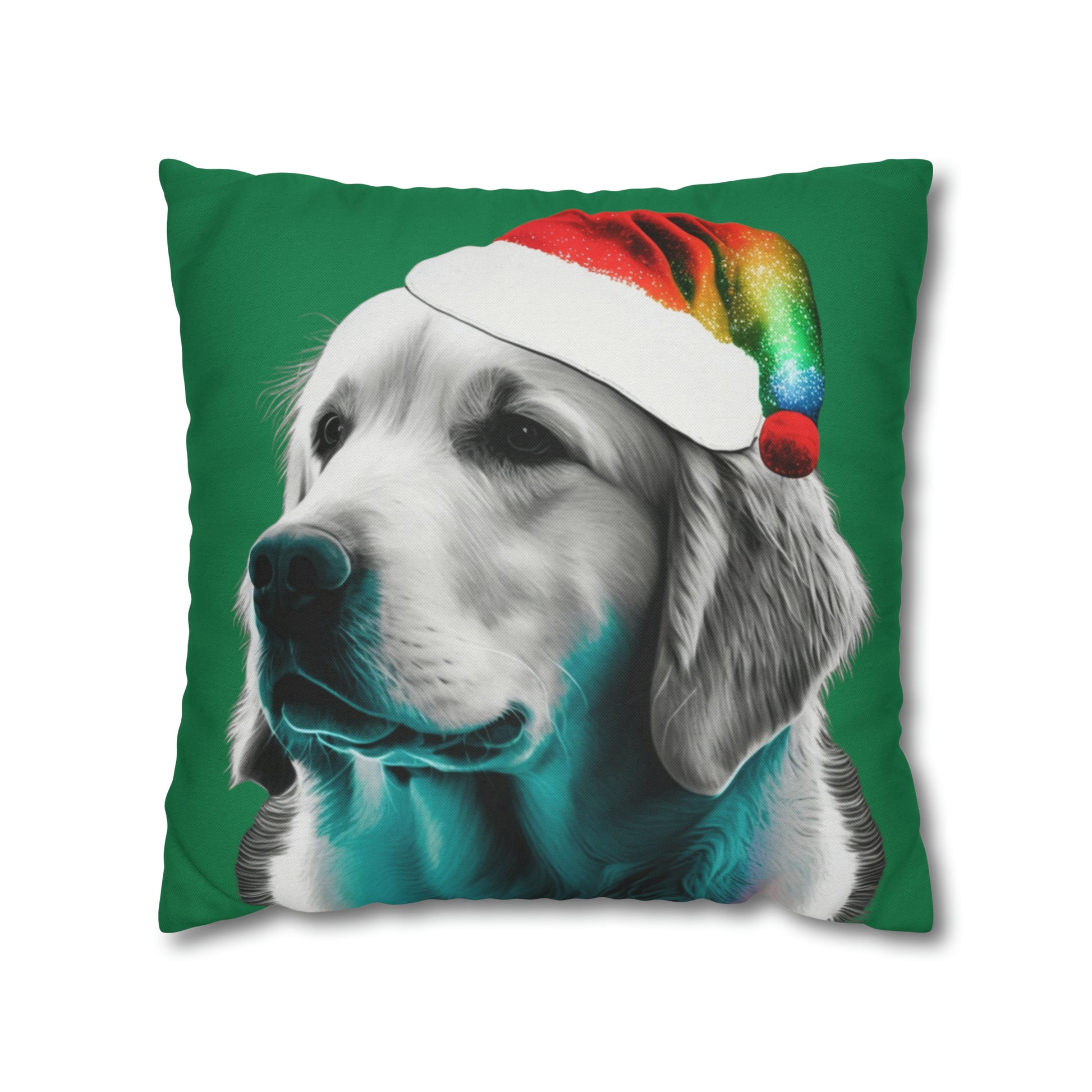 A PopArt depiction of a Golden Retriever wearing a colorful Santa hat set against a festive green background, perfect for holiday decorating.