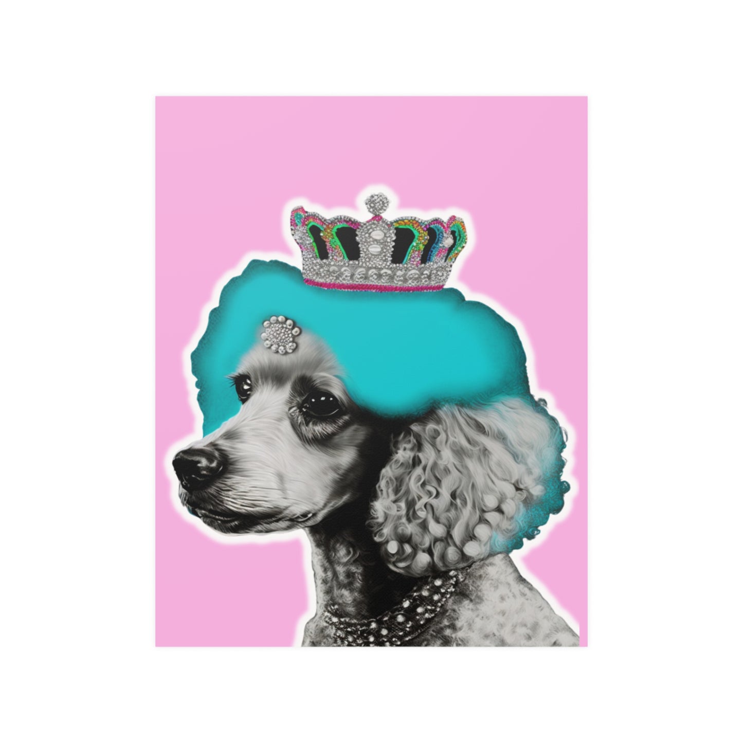 The 'Crowned Poodle on Pink Poster' features an elegant and whimsical illustration of a poodle with a crown, set against a soft pink background. This chic and stylish wall art adds sophistication and a playful touch to any room decor