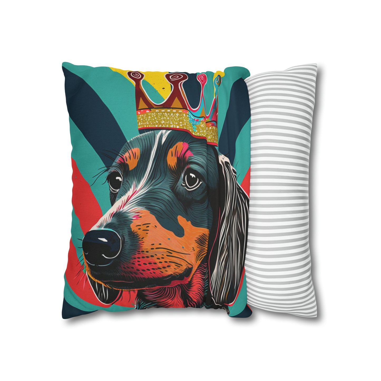 Pop Art Crowned Dachshund on Stripes - Vibrant Dog-Themed Decor