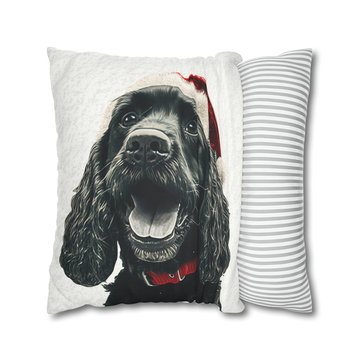 A luxurious faux suede Christmas cushion cover featuring a charming illustration of a cocker spaniel in festive holiday attire, set against a background of classic Christmas motifs like snowflakes and presents. The cushion cover displays vibrant colors, mainly red, green, and white, symbolizing traditional Christmas cheer