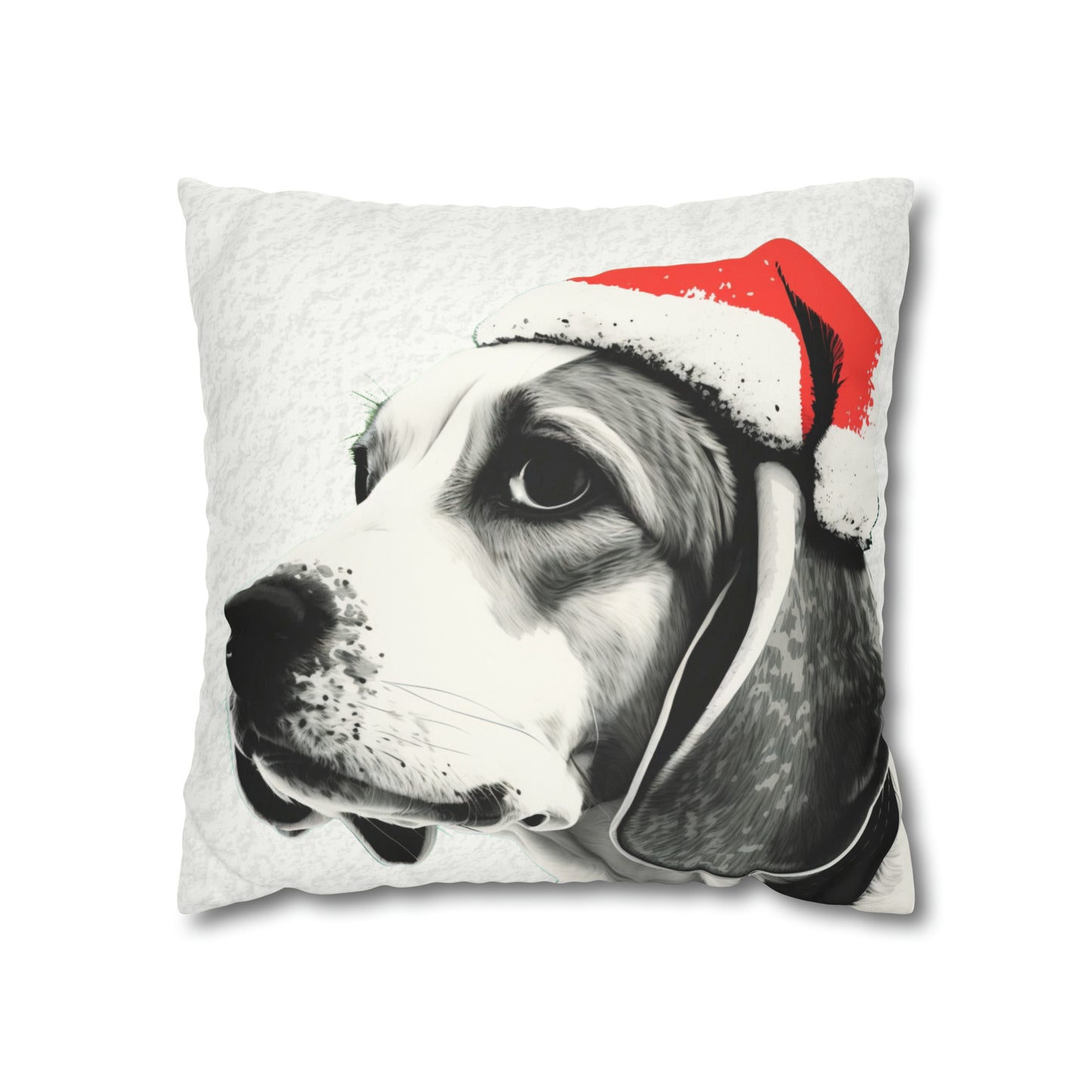 A cozy and festive white faux suede cushion cover featuring a charming Beagle in a Christmas setting. The cover is adorned with a joyful Beagle illustration surrounded by holiday motifs, capturing the essence of Christmas spirit and the playful nature of the beloved dog breed