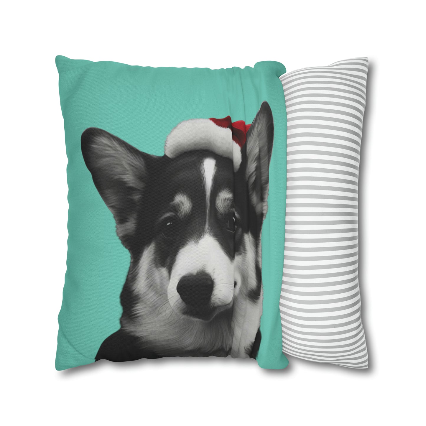 Black and White Corgi with Santa Hat on Green Cushion Cover