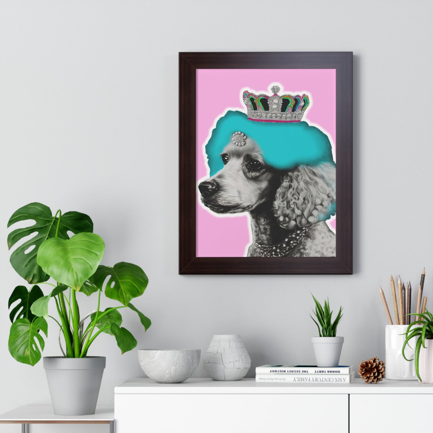 Framed Crowned Pop Art Poodle Print on Pink - Choose Walnut, White, or Black Frame