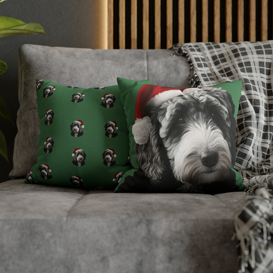 A festive cushion cover featuring a Labradoodle in Christmas attire, perfect for adding holiday cheer and a cozy touch to any living space.