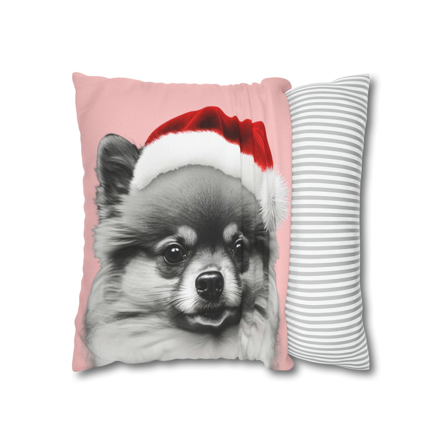 Christmas Pomeranian Cushion Cover on Pink Background