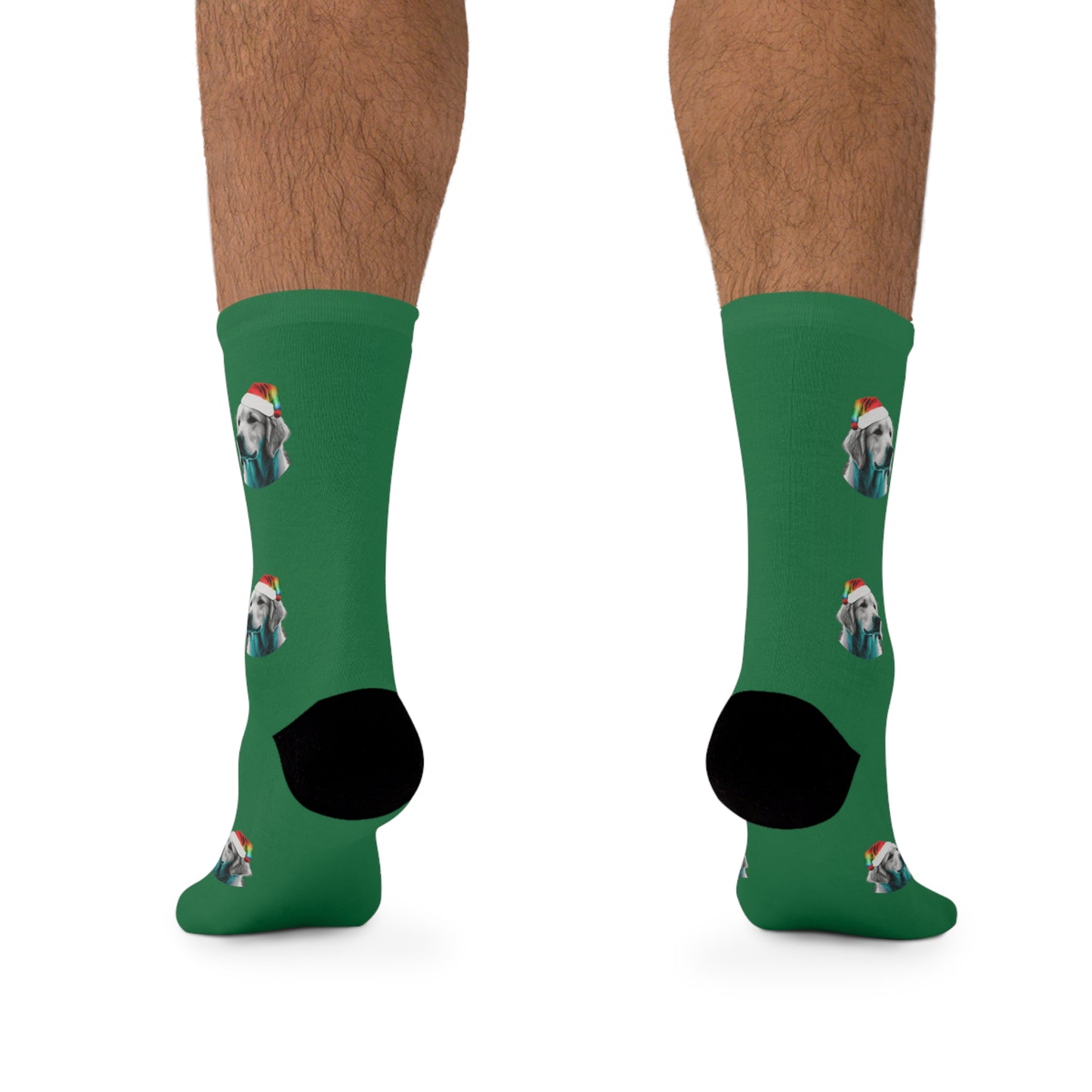 A festive pair of dark green socks featuring a cute retriever dog dressed as Santa Claus.