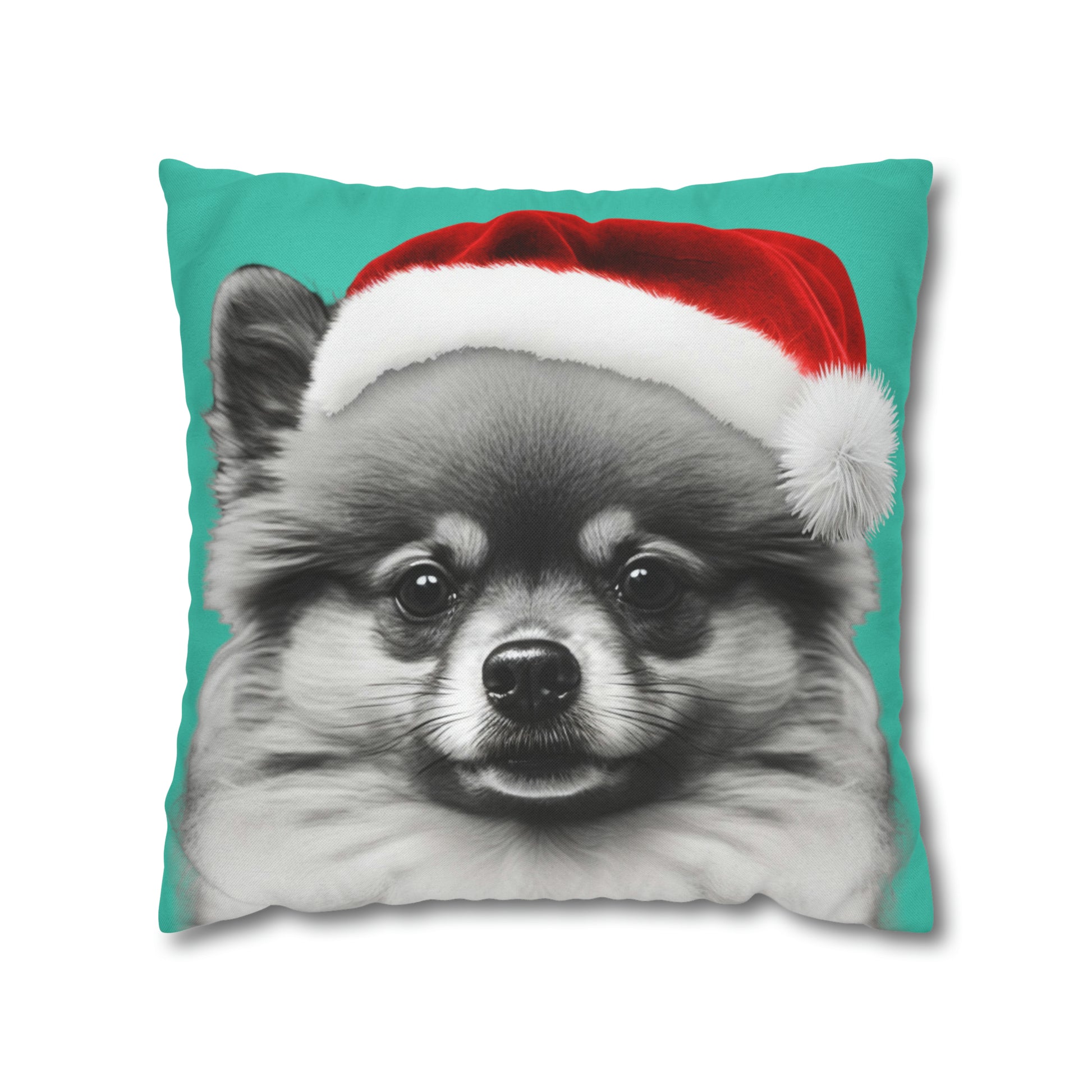 A festive cushion cover showcasing a joyful Pomeranian in holiday attire, perfect for adding a touch of canine cheer to any room.