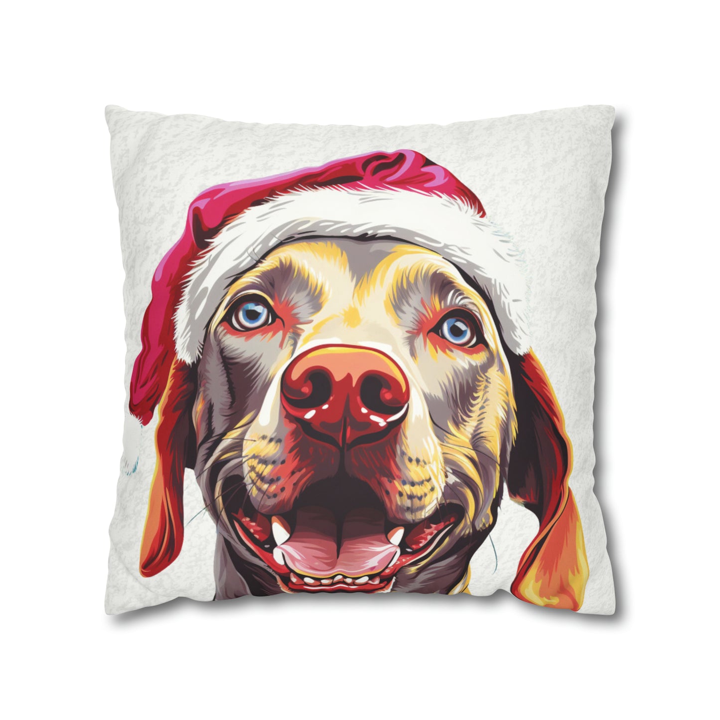 A sophisticated white cushion cover featuring a detailed illustration of a graceful Weimaraner set in a picturesque winter wonderland scene. The cover, designed for the festive season, elegantly blends the dog's silhouette with a backdrop of snowy landscapes and subtle Christmas motifs, creating a serene and stylish holiday decor piece.