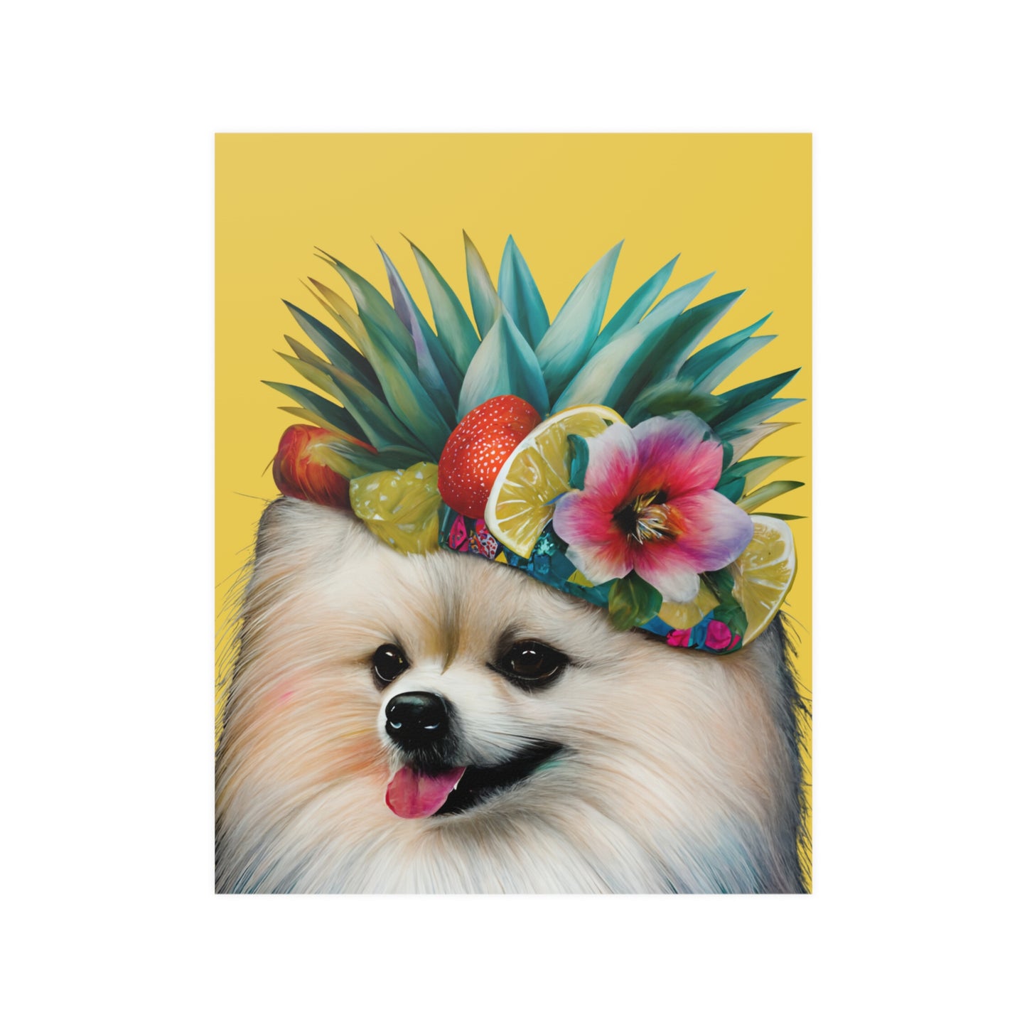 A brightly colored Pomeranian dog illustrated with a kaleidoscope of vibrant hues, set against a vivid yellow background on a high-quality poster print.