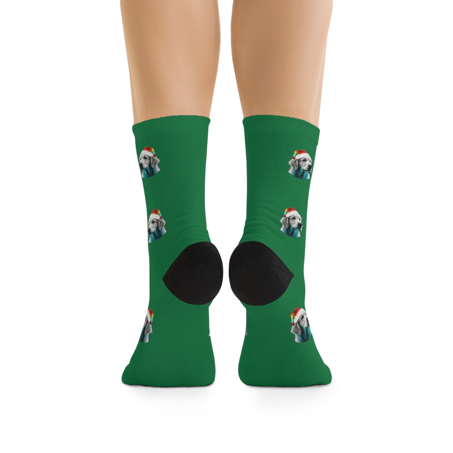 A festive pair of dark green socks featuring a cute retriever dog dressed as Santa Claus.