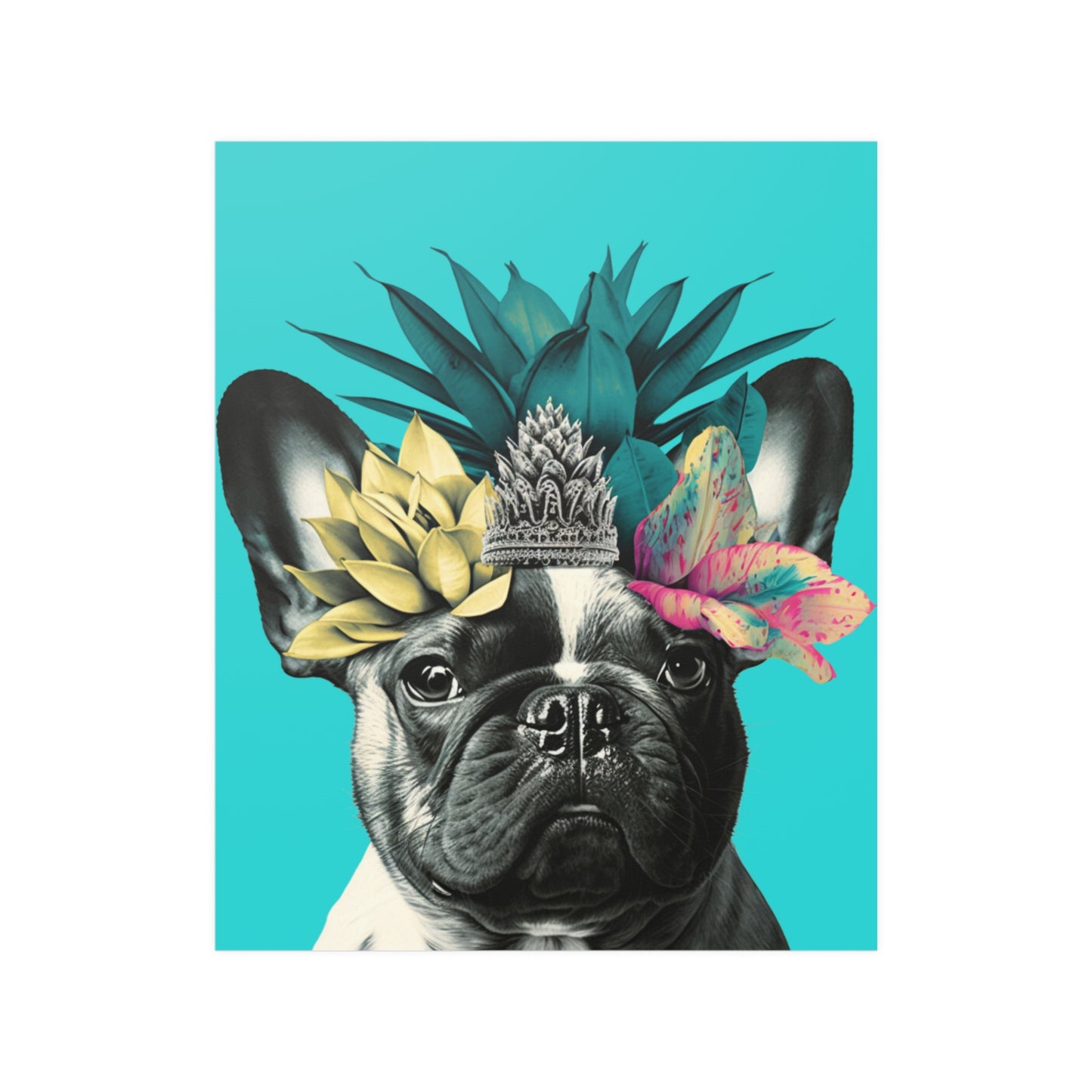 A French Bulldog with a crown of tropical flowers sits against a bright blue background, evoking a cheerful and summery island atmosphere.