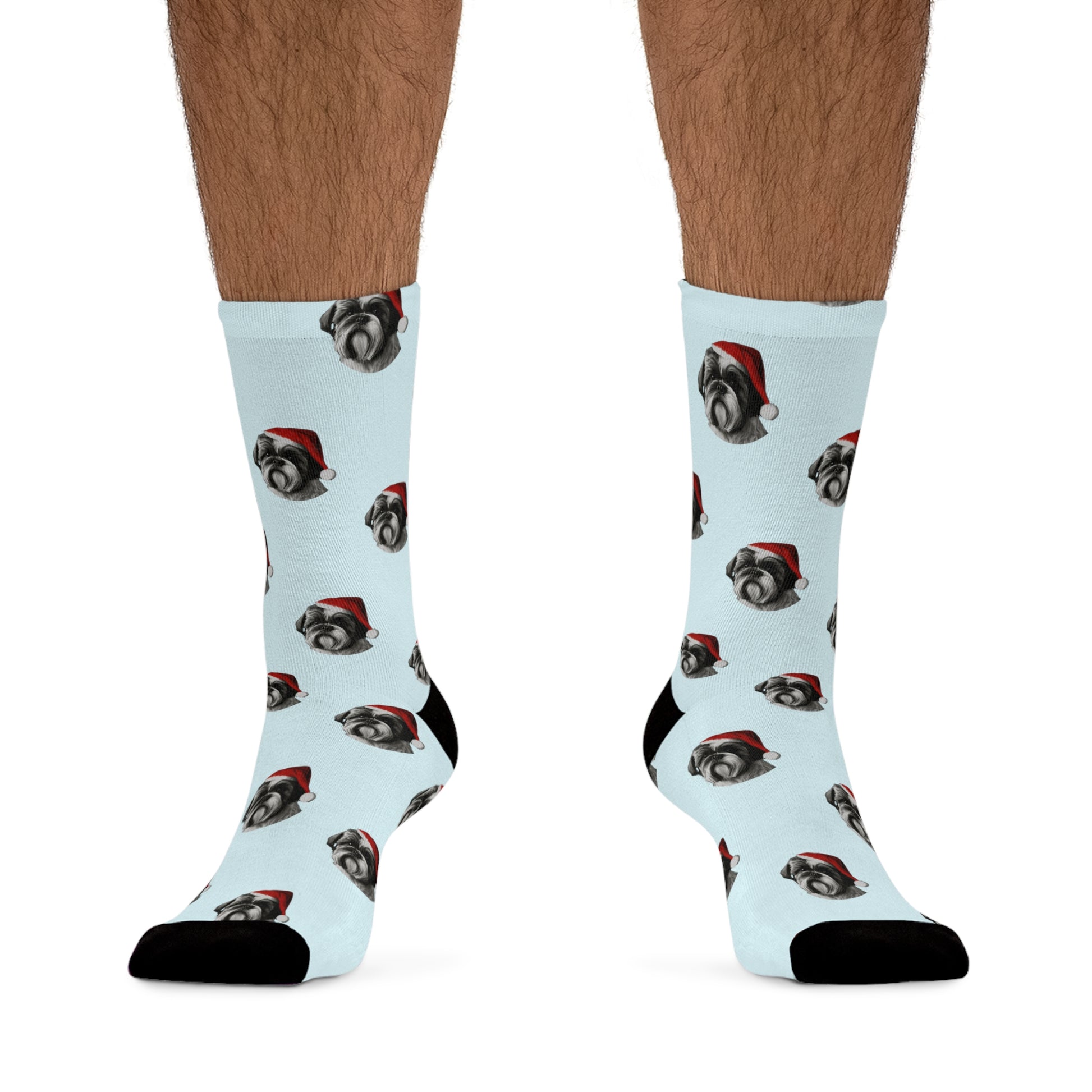 A pair of cozy Shih Tzu Christmas socks featuring a charming Shih Tzu dog design, perfect for adding a touch of holiday cheer to your festive attire.