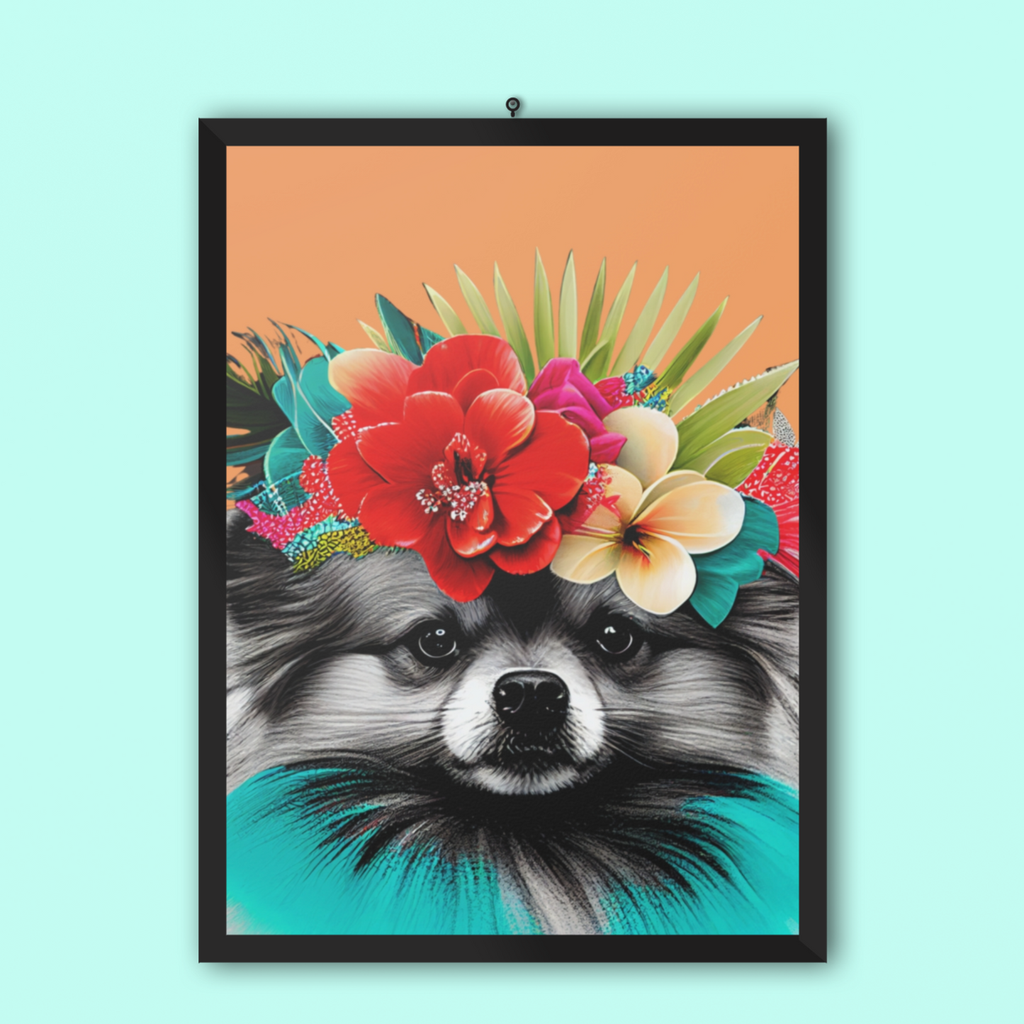 Poster of a fluffy Pomeranian dog surrounded by tropical foliage and flowers, set against a bright orange background that evokes a sunny, island atmosphere.