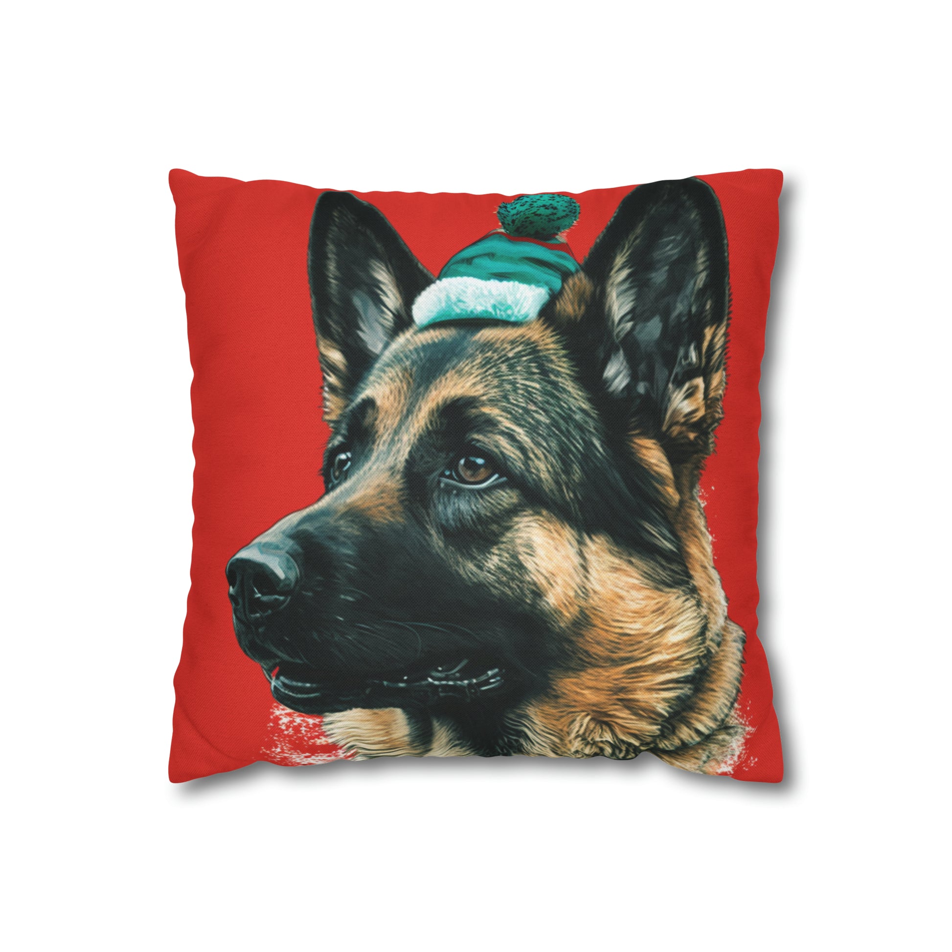 Festive German Shepherd Xmas Cushion on Red and White - A charming holiday cushion cover featuring a majestic German Shepherd in a festive Christmas setting against a backdrop of classic red and white, perfect for adding holiday spirit to your home decor.