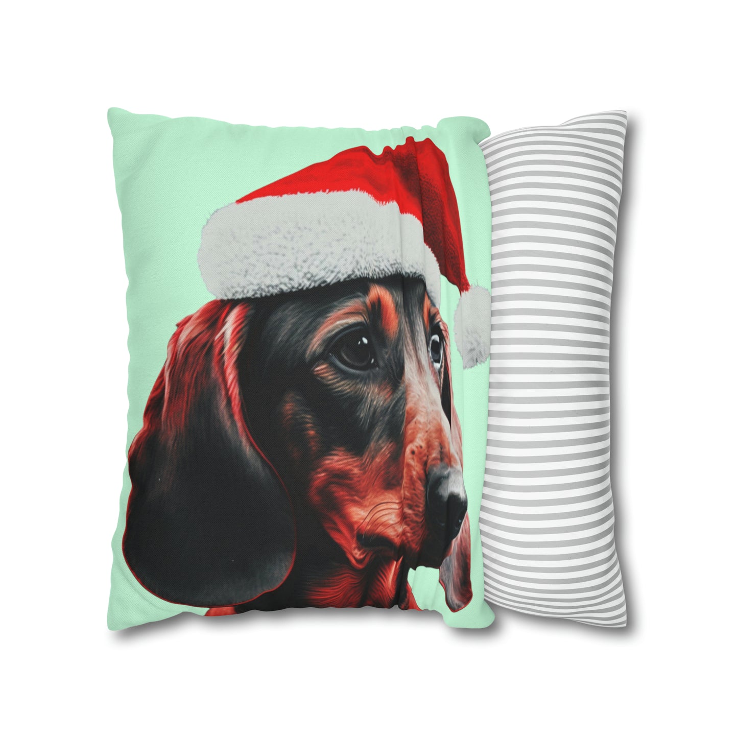 Christmas Dachshund in Hat on Mint Green Cushion Cover