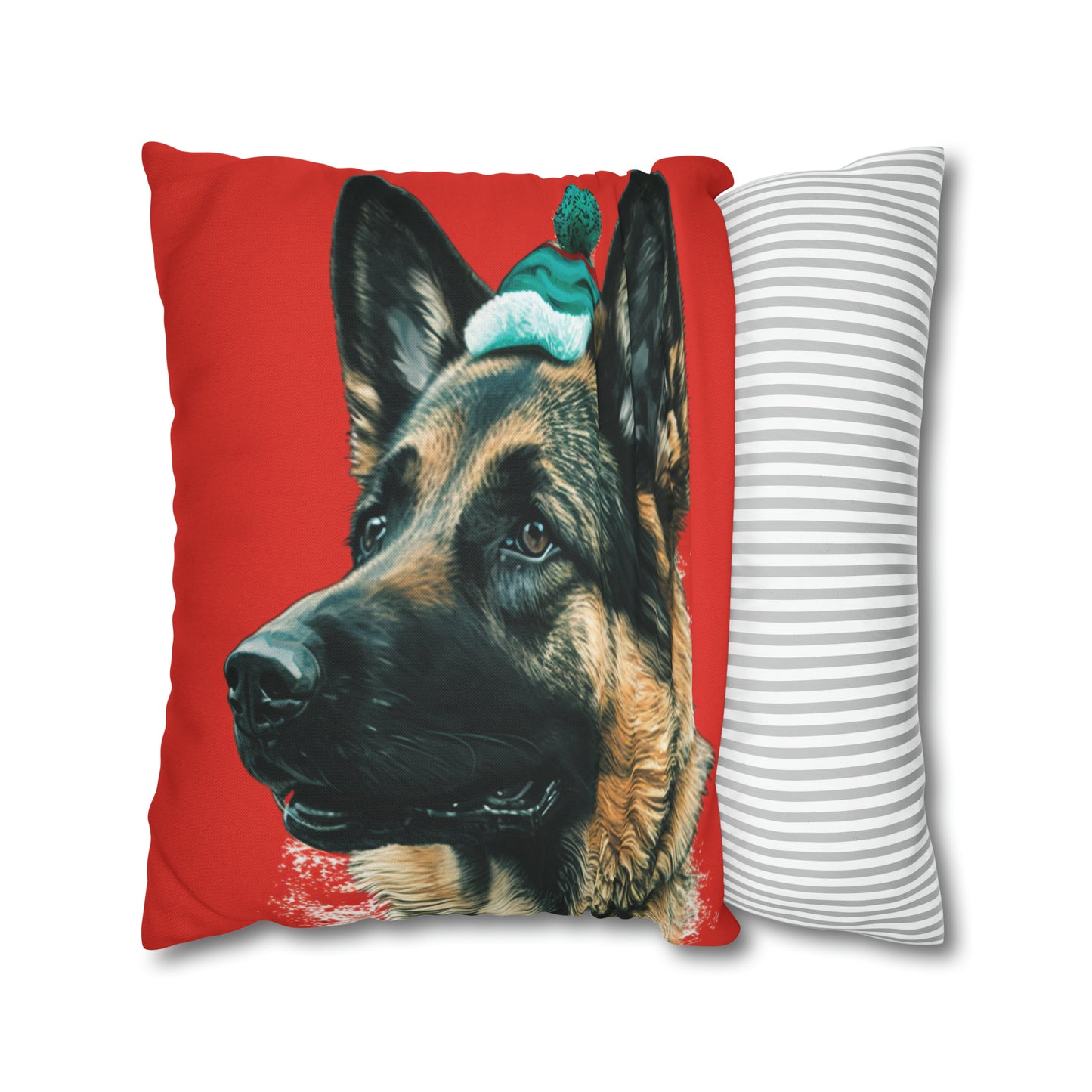 Festive German Shepherd Xmas Cushion on Red and White