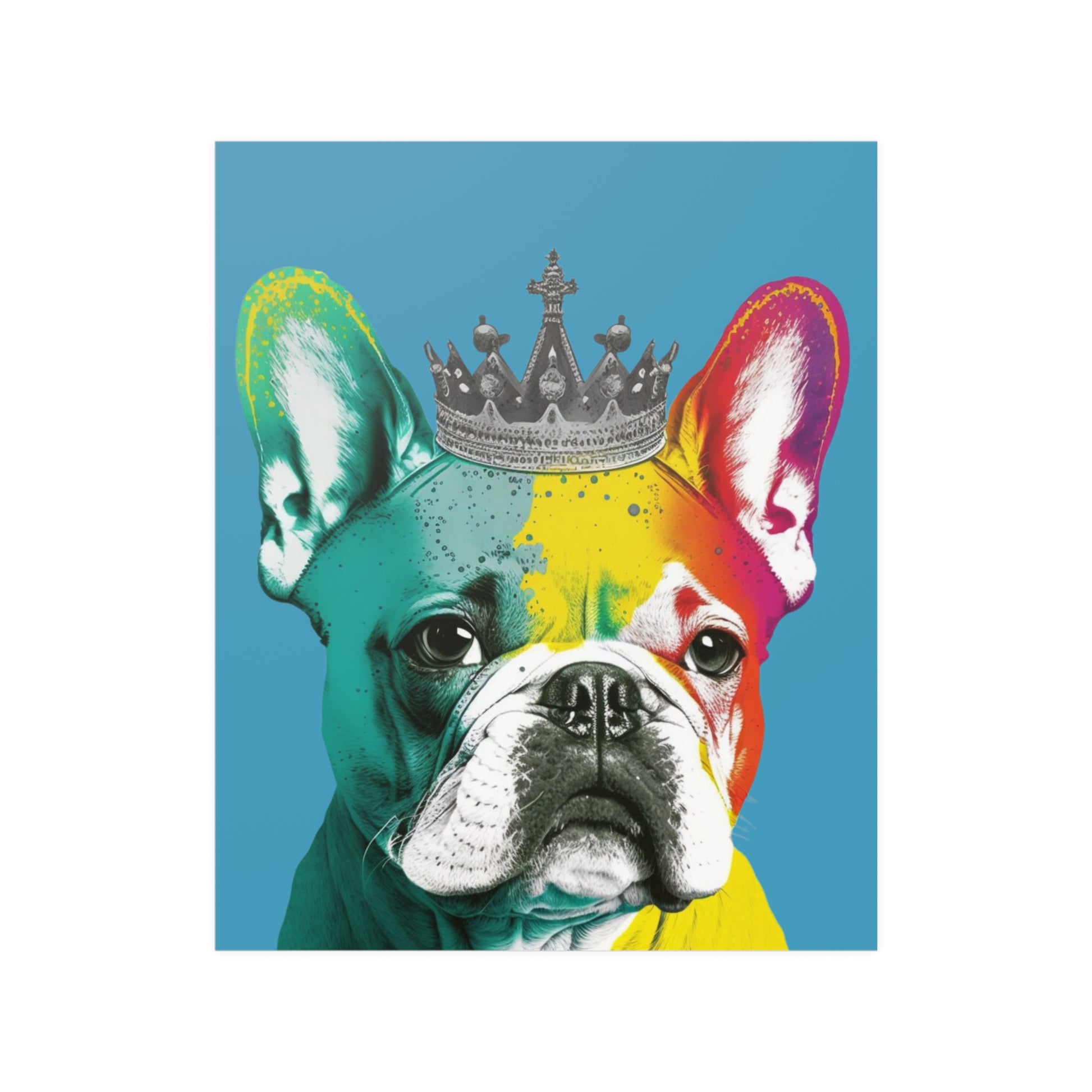 A French Bulldog sporting a regal crown against a striking royal blue background, captured in a vibrant PopArt style that exudes contemporary chic.