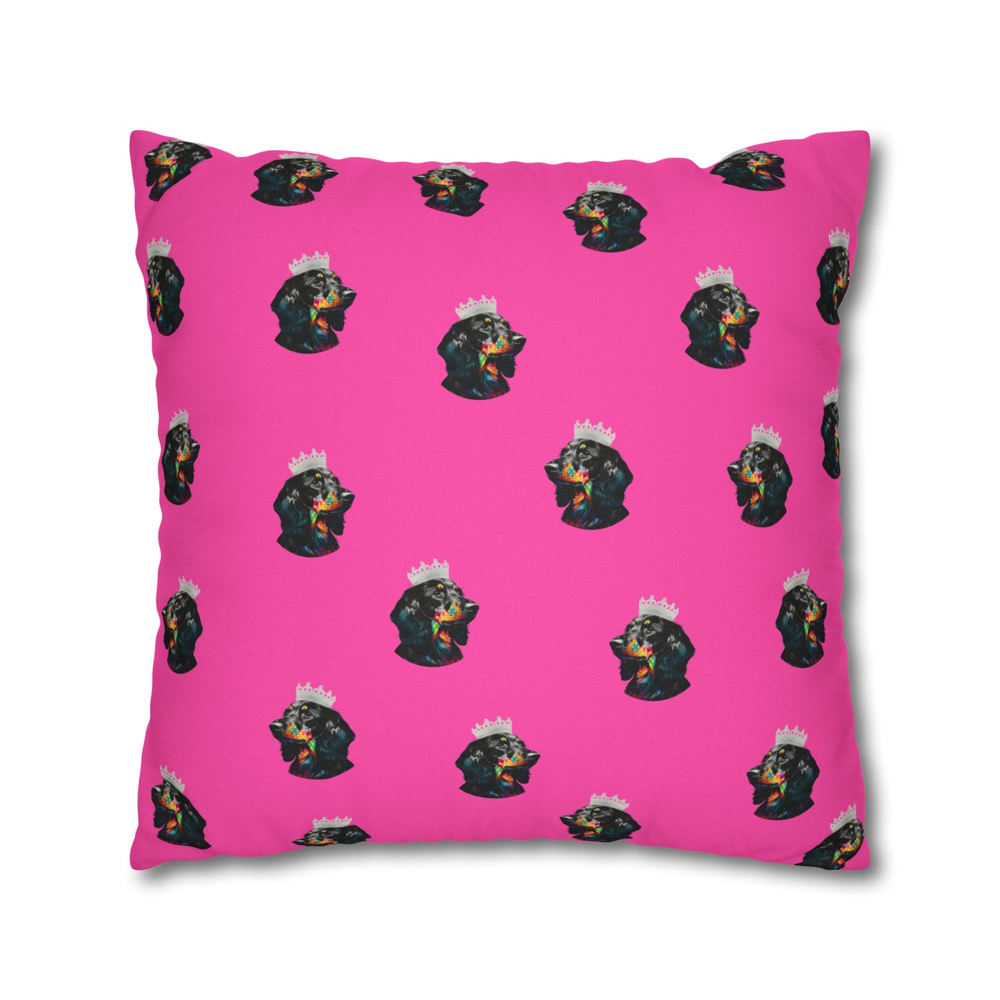 A whimsical cushion cover featuring a princess Dachshund in regal attire on a pink background, perfect for adding a touch of canine royalty to your home decor.