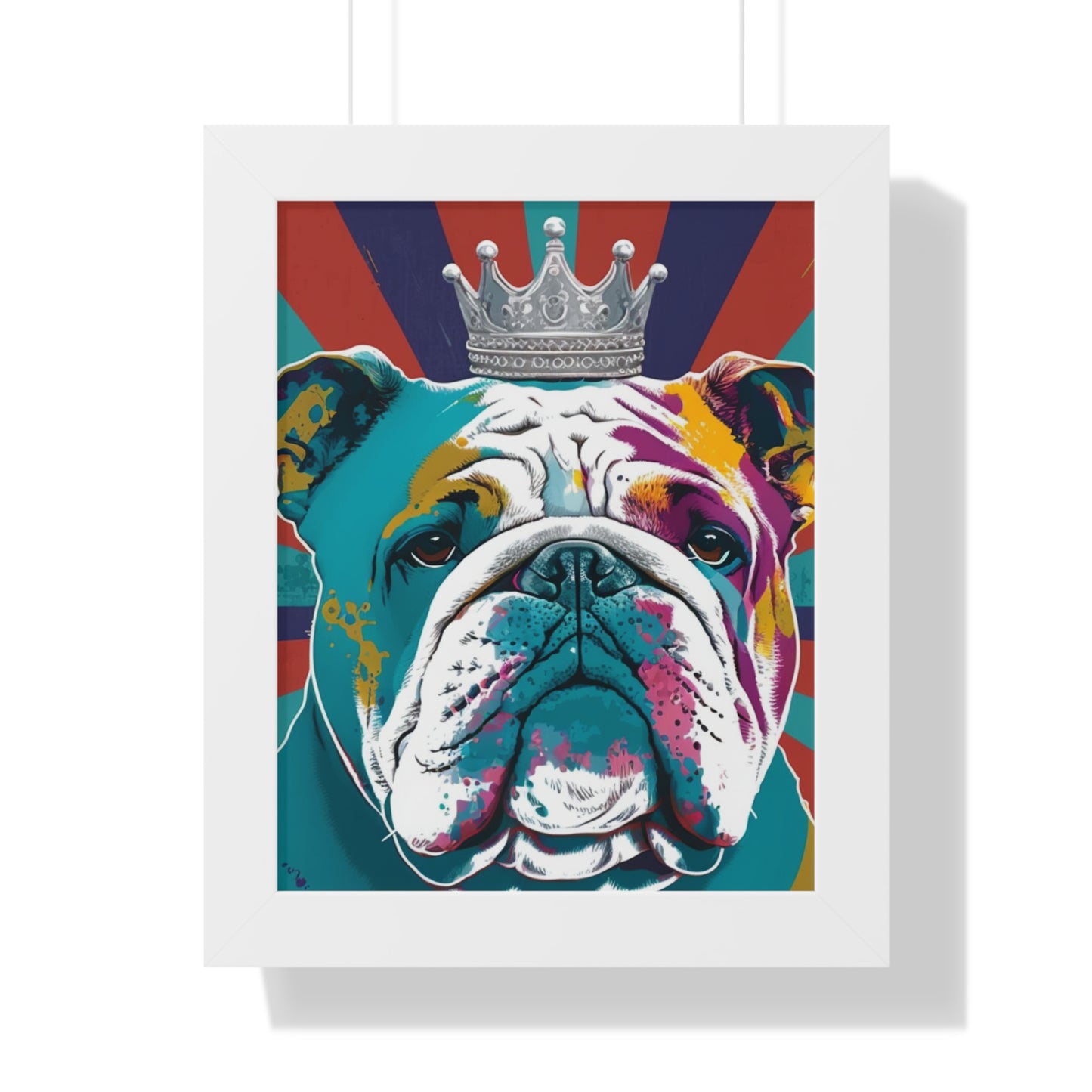 A vibrant framed canvas print featuring a PopArt British Bulldog, perfect for adding a bold and artistic touch to any interior space.